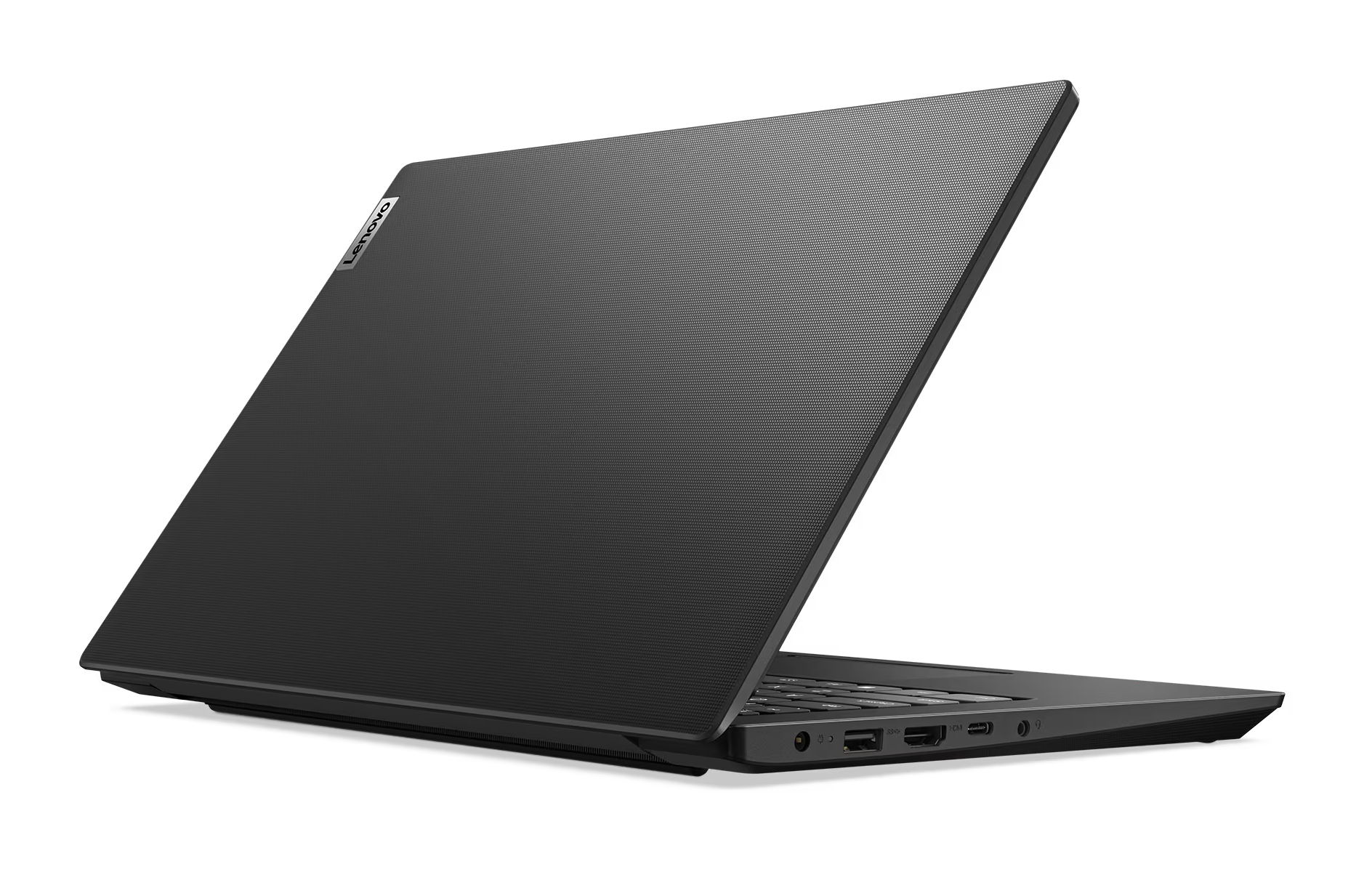 Un portátil Lenovo negro con la tapa abierta, mostrando el teclado y los puertos.
