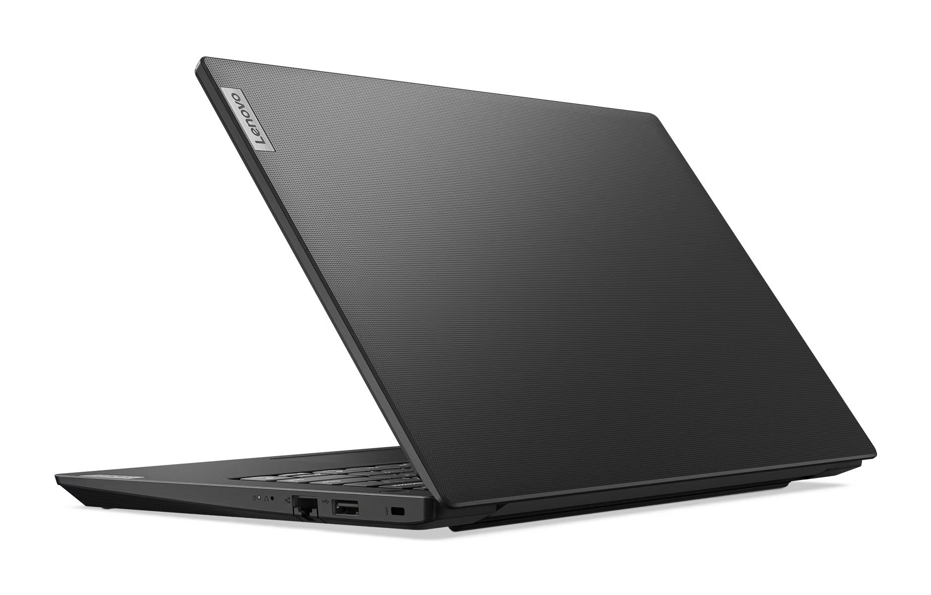 Un portátil Lenovo negro cerrado con tapa texturizada, visto de lado.