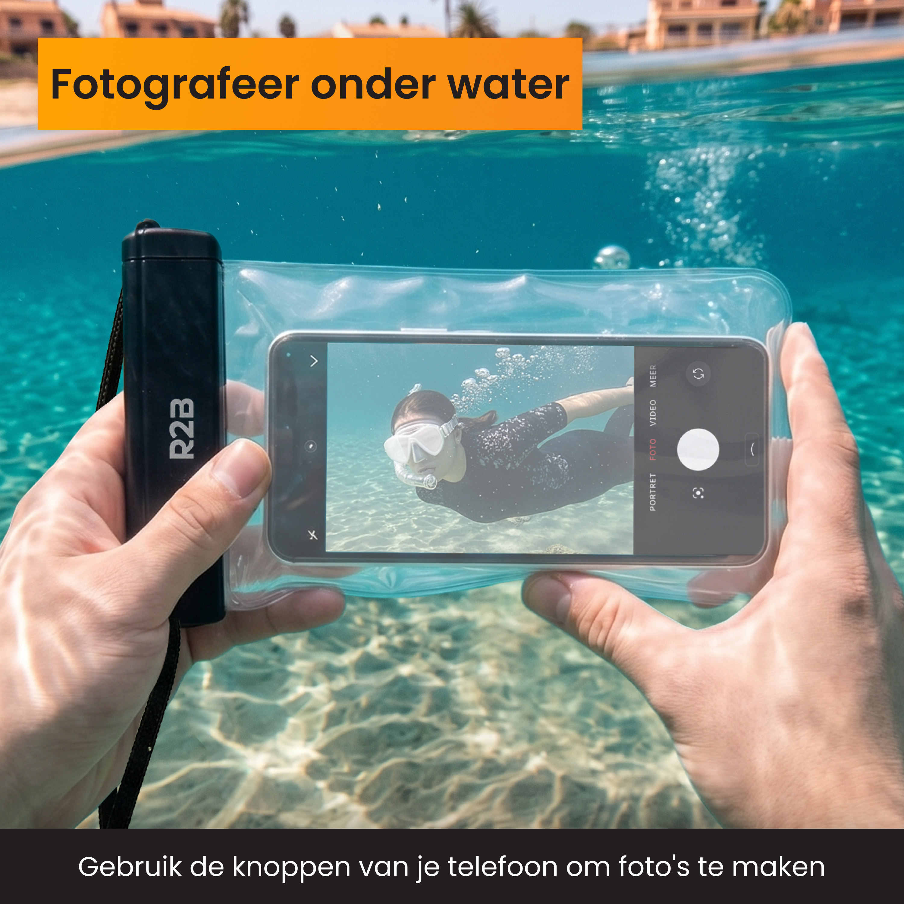 Hands holding a waterproof phone to take pictures underwater.
