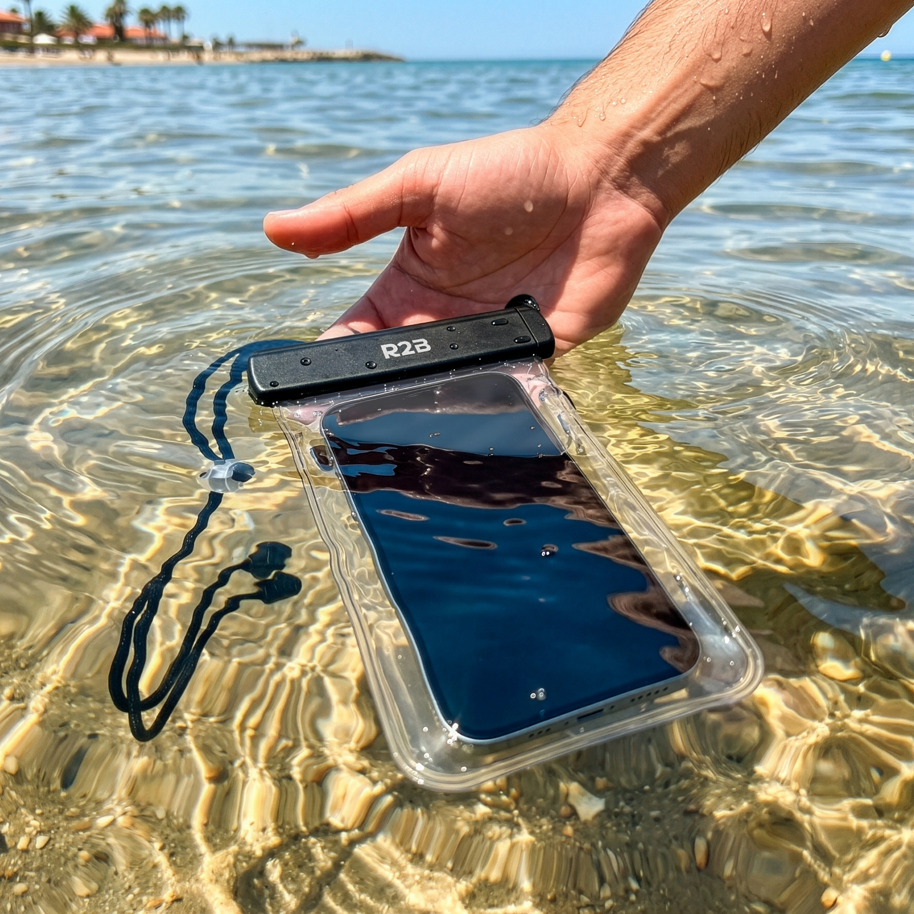 Hand holding waterproof phone case in shallow water. Sandy bottom visible.