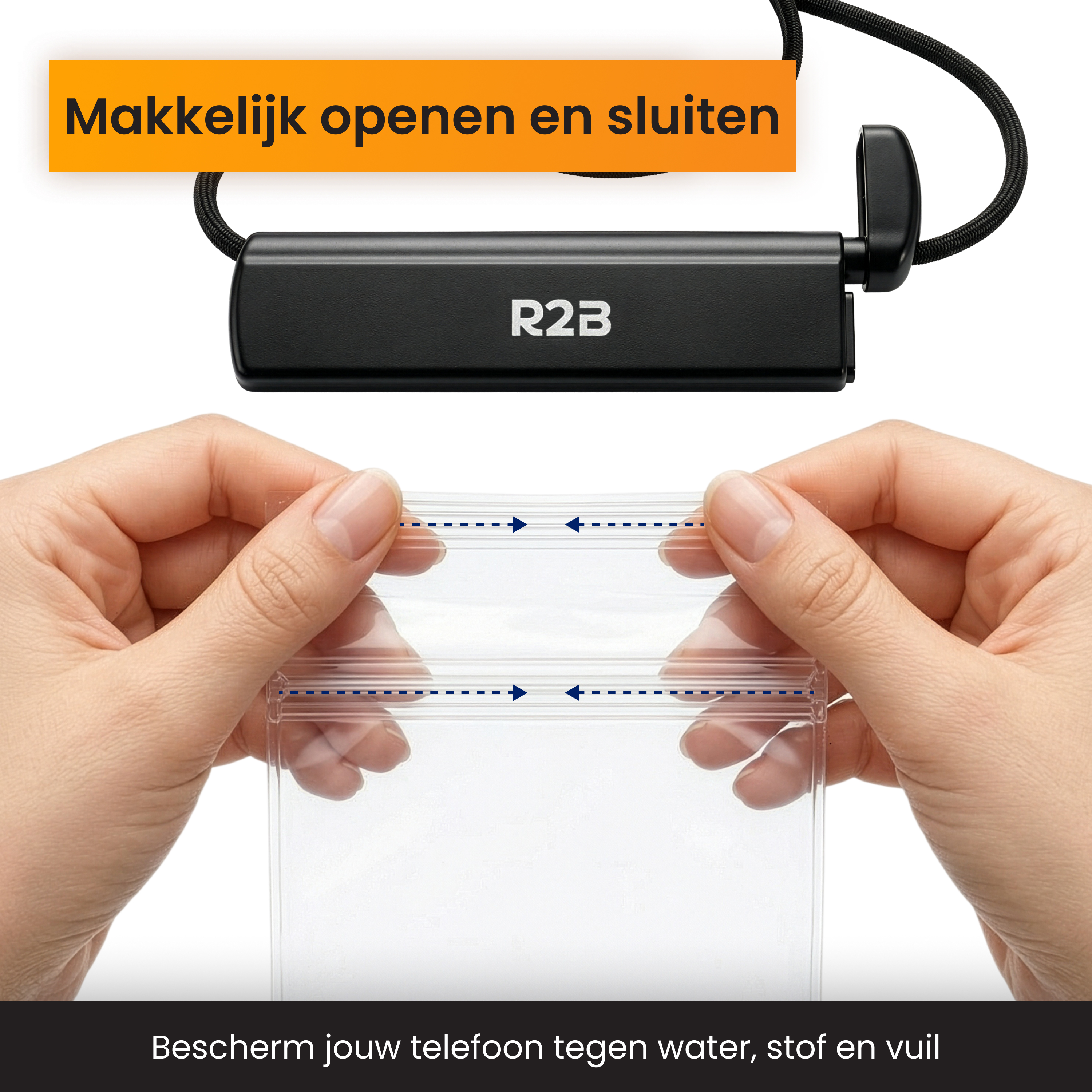 Hands opening a clear pouch with an R2B device.