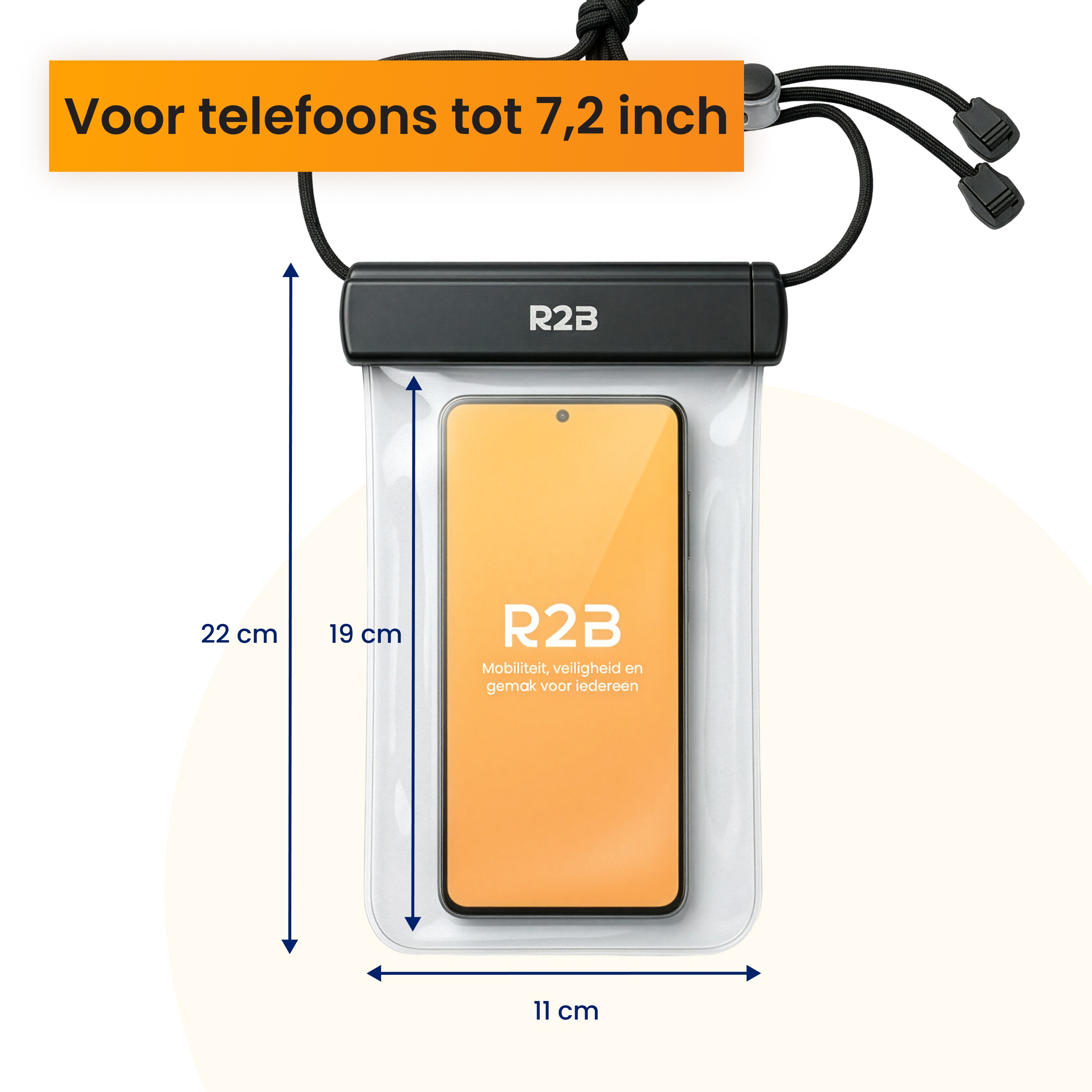 Waterproof phone pouch (11x22cm) with strap, holding a smartphone.