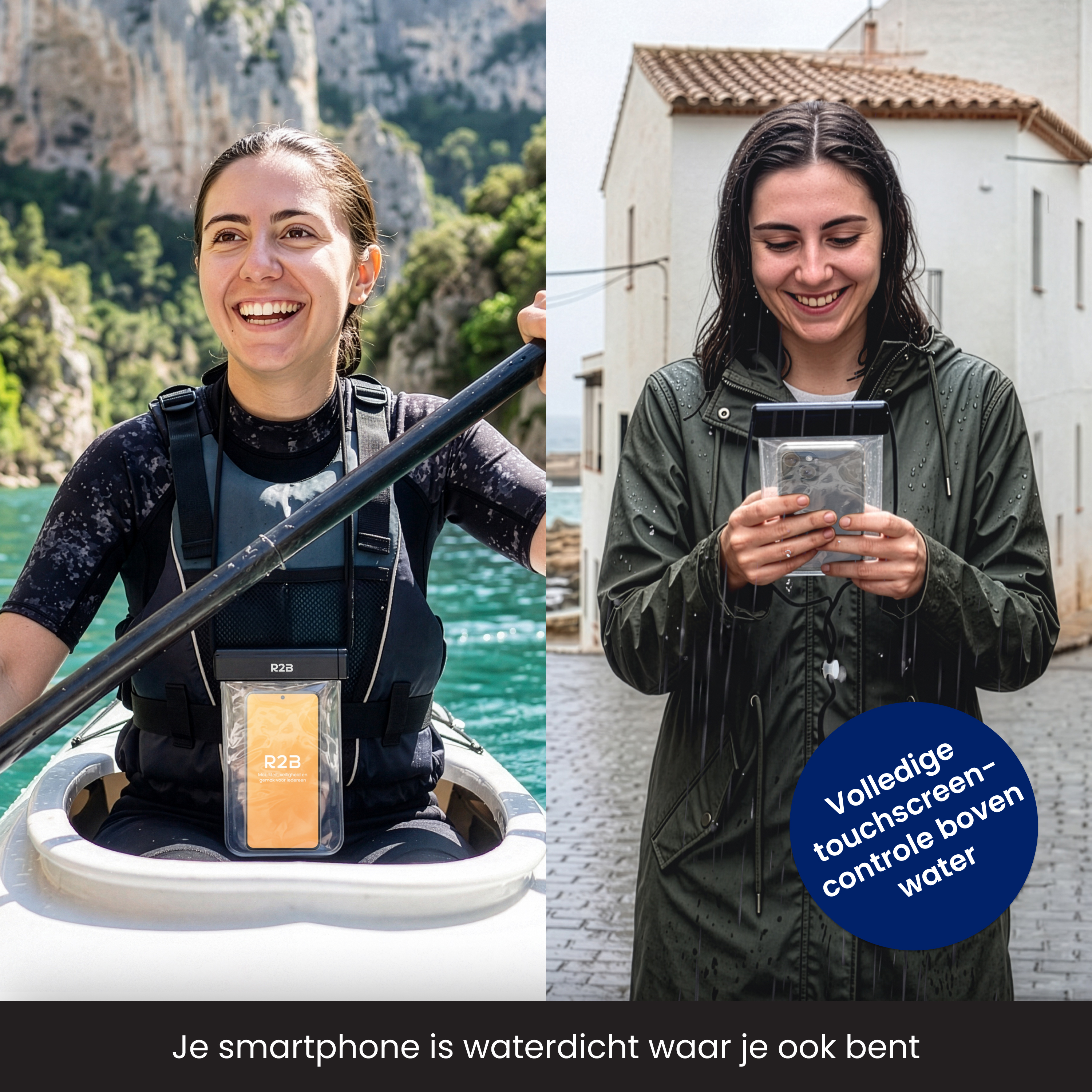 Woman kayaking and woman in rain with waterproof phone holder.