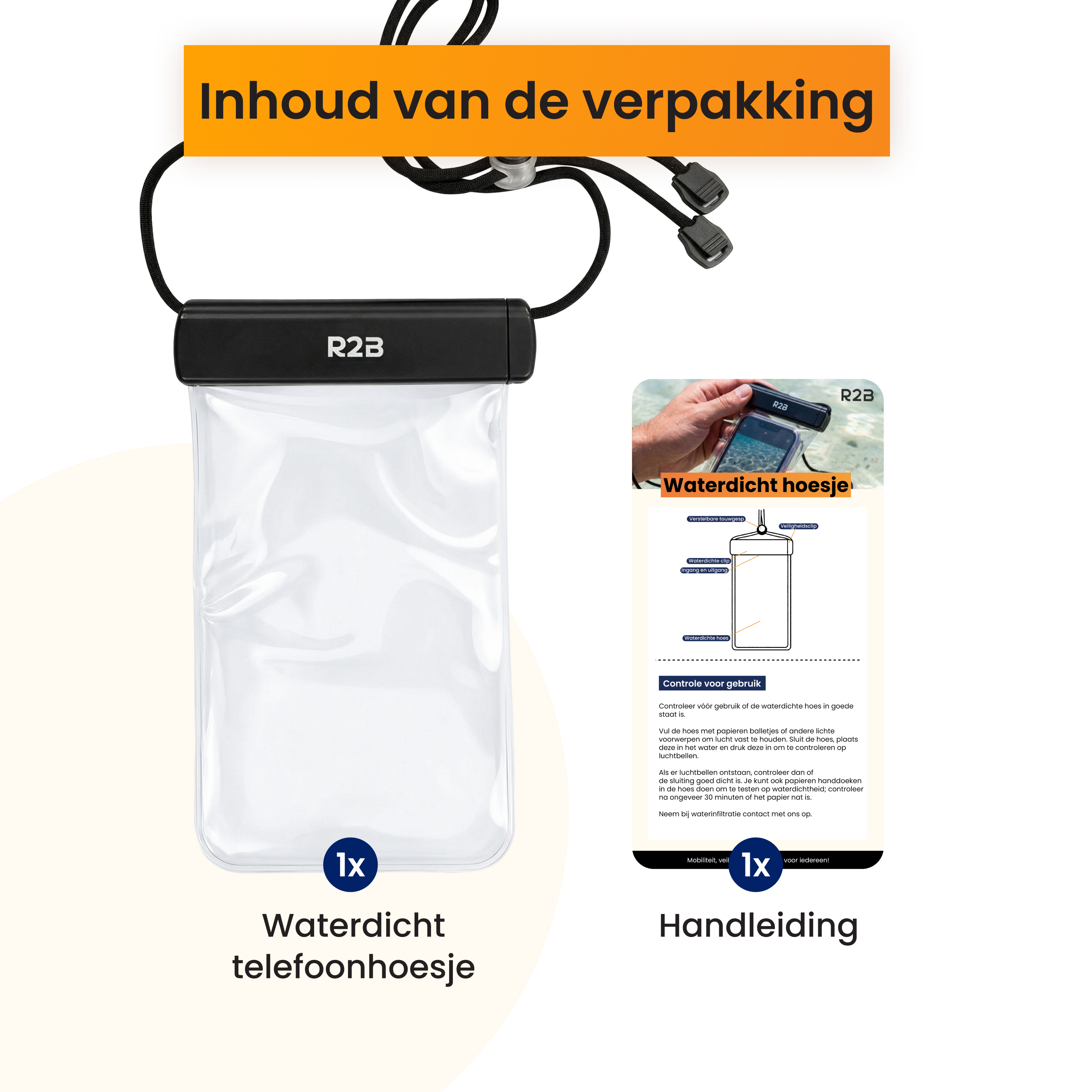 A waterproof phone pouch with instructions on a white background.