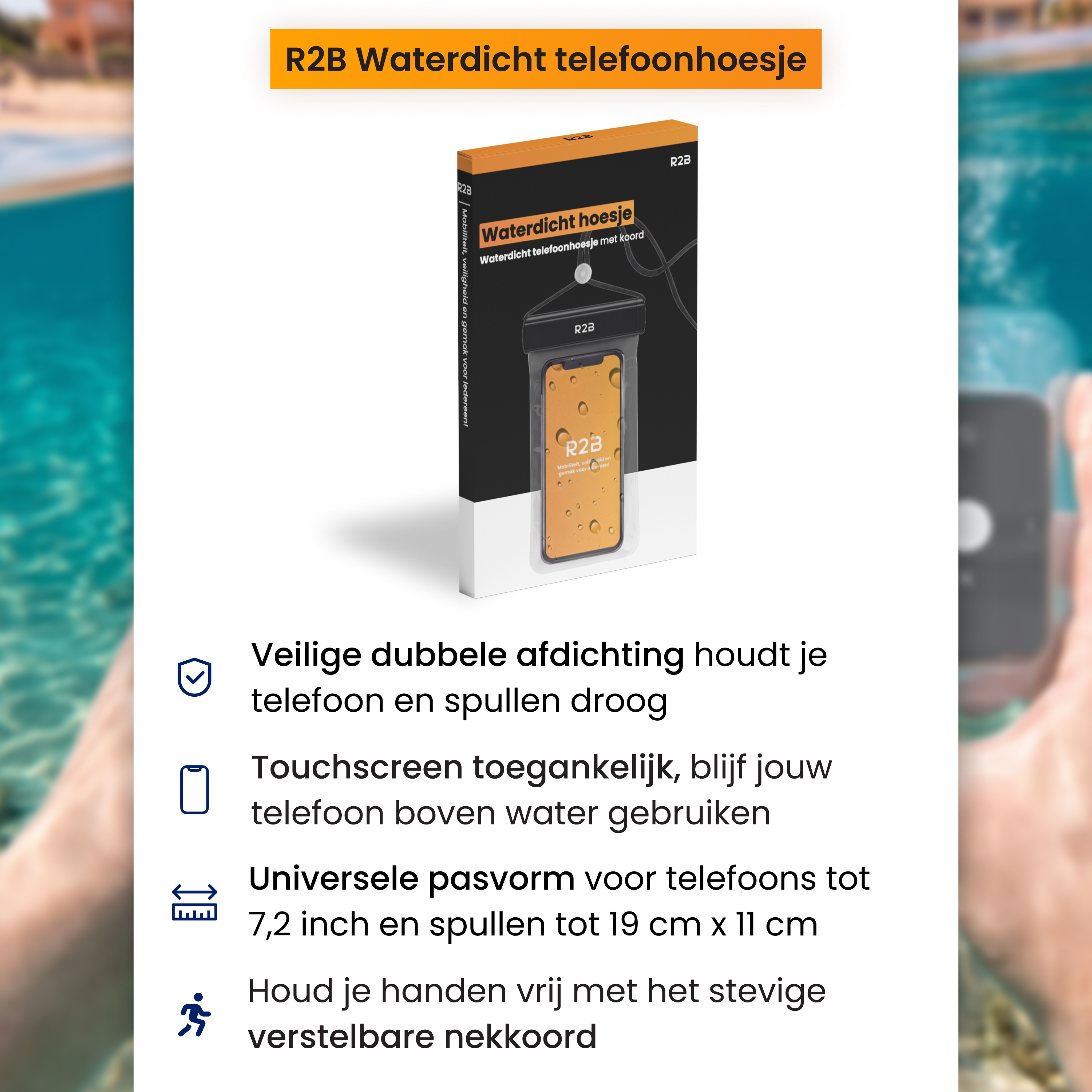 R2B waterproof phone case with lanyard, fits phones up to 7.2 inches.
