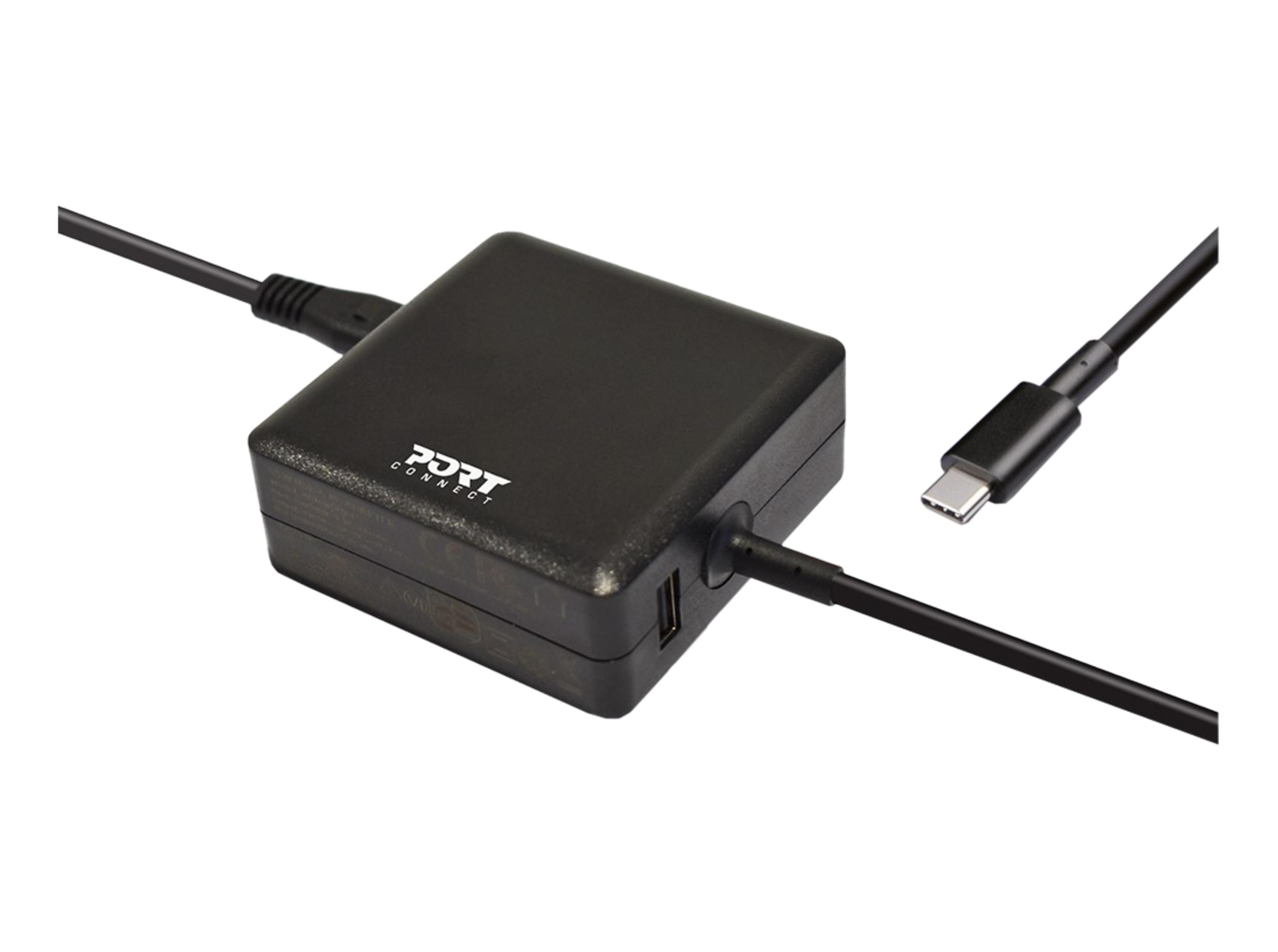 Adattatore di alimentazione USB-C nero con due porte USB-A e cavo.