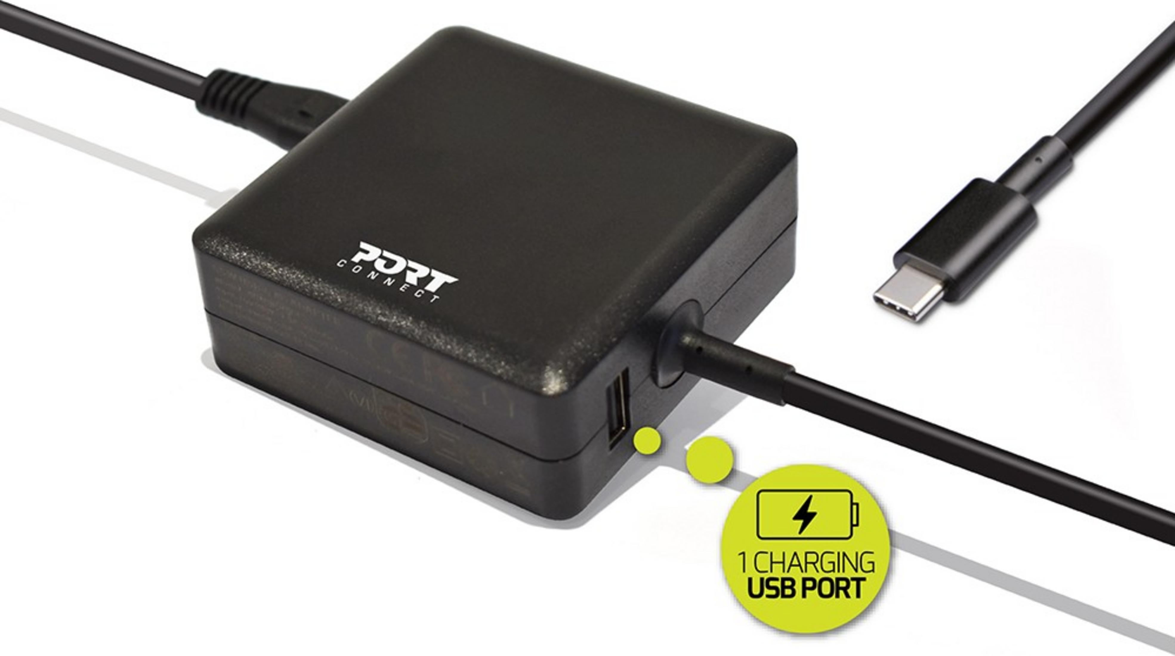 Adattatore di ricarica USB-C nero con una porta USB e cavo.