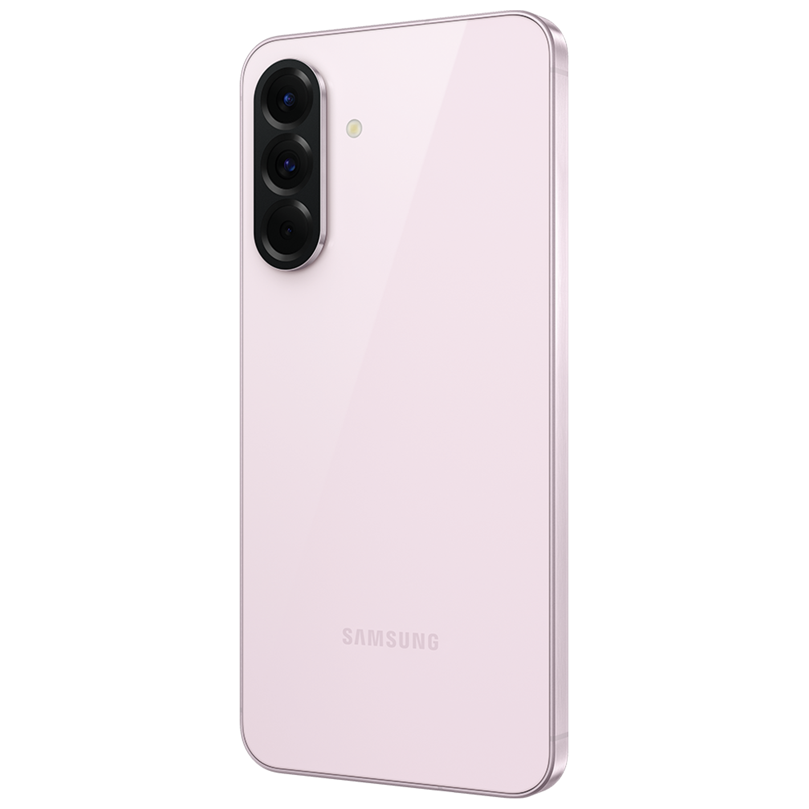 Tył różowego smartfona Samsung z trzema aparatami i lampą błyskową.