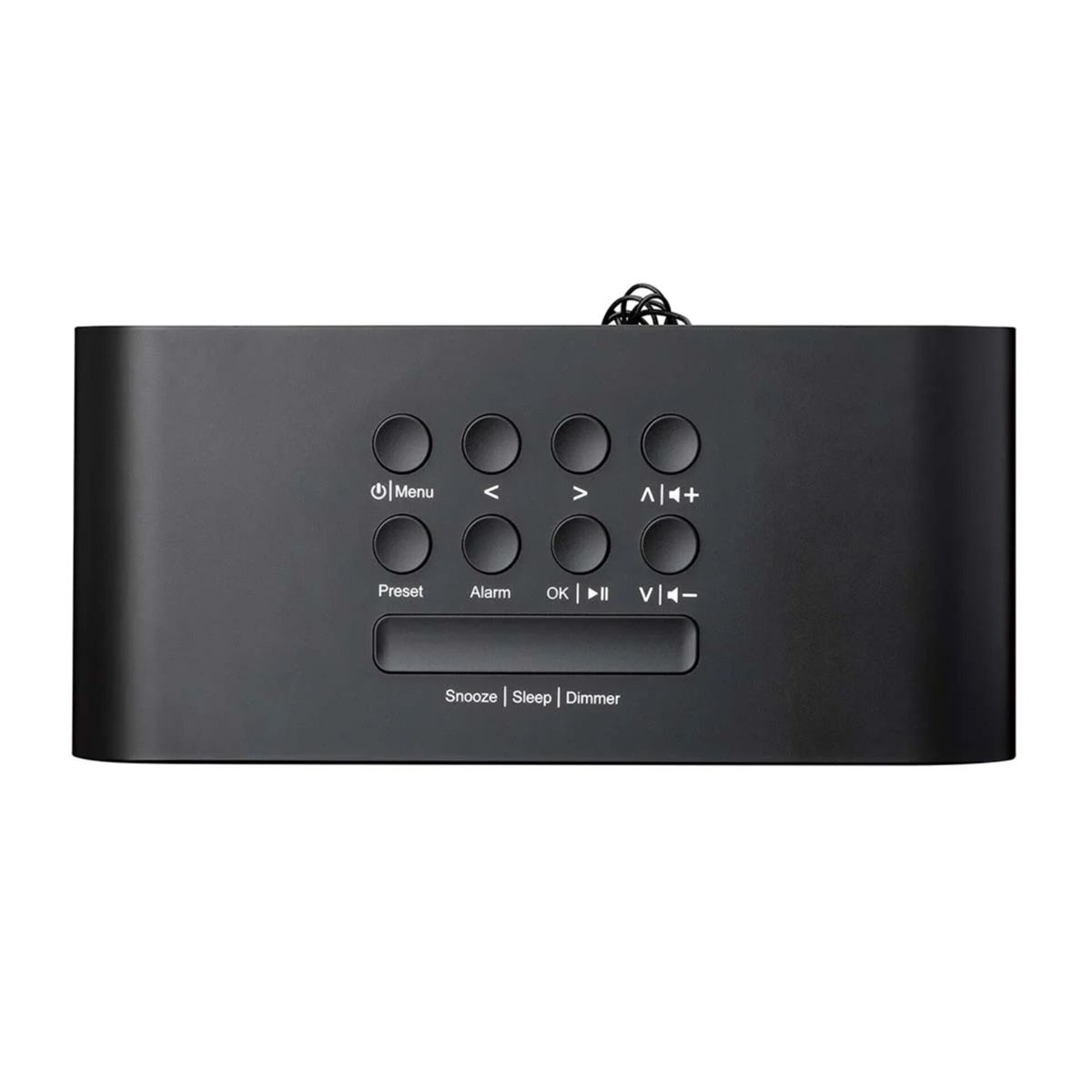 Zwarte digitale wekker met knoppen voor menu, snooze, alarm en volume.