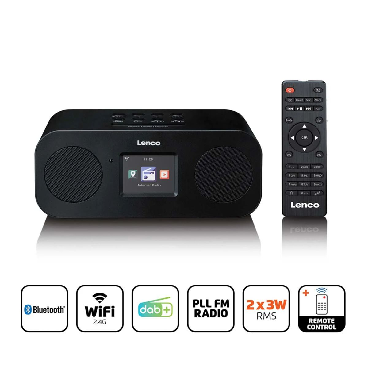 Zwarte internetradio met afstandsbediening en iconen voor Bluetooth, WiFi, DAB+.