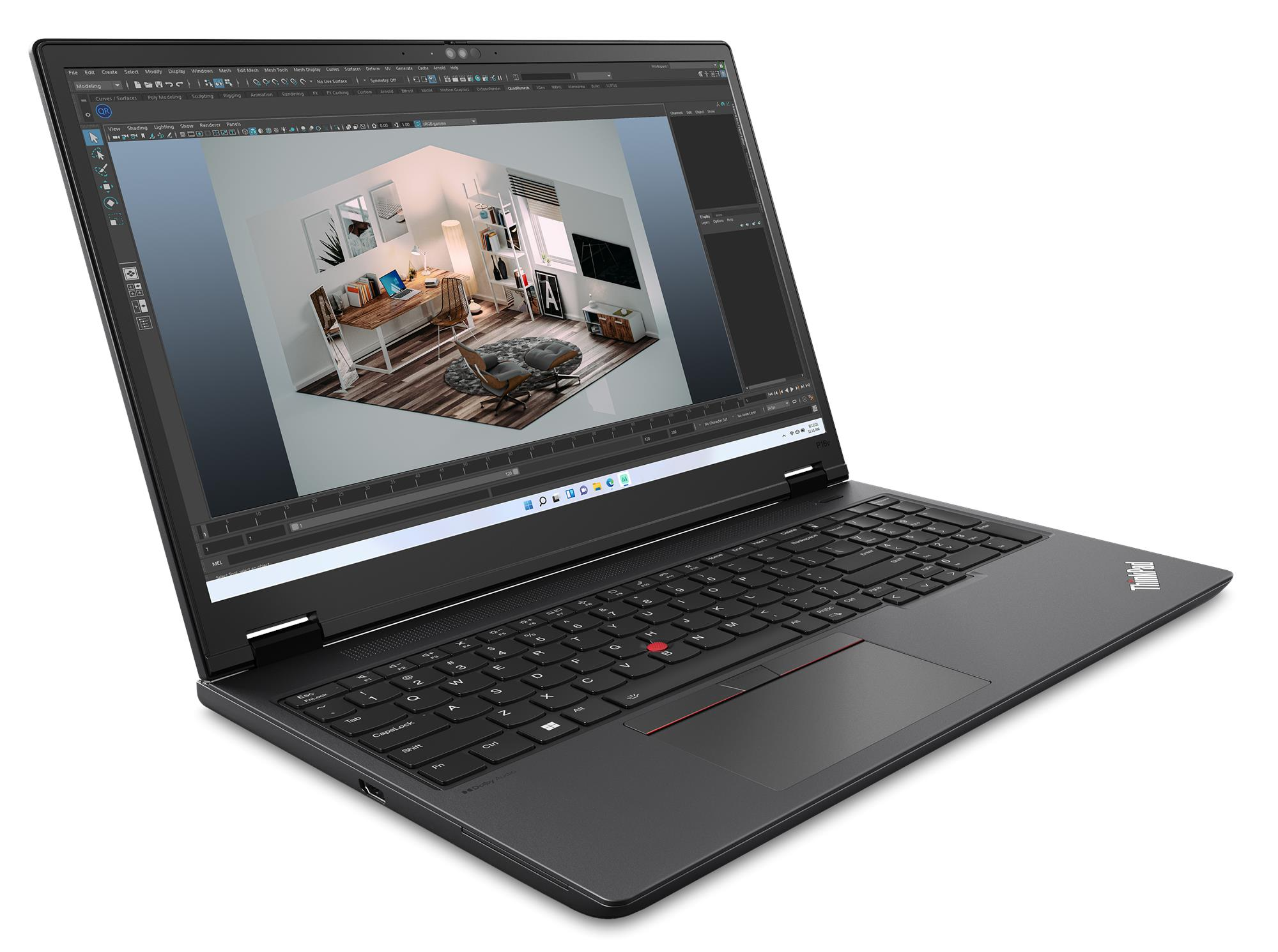 Un laptop nero mostra una stanza 3D sullo schermo. Tastiera visibile.