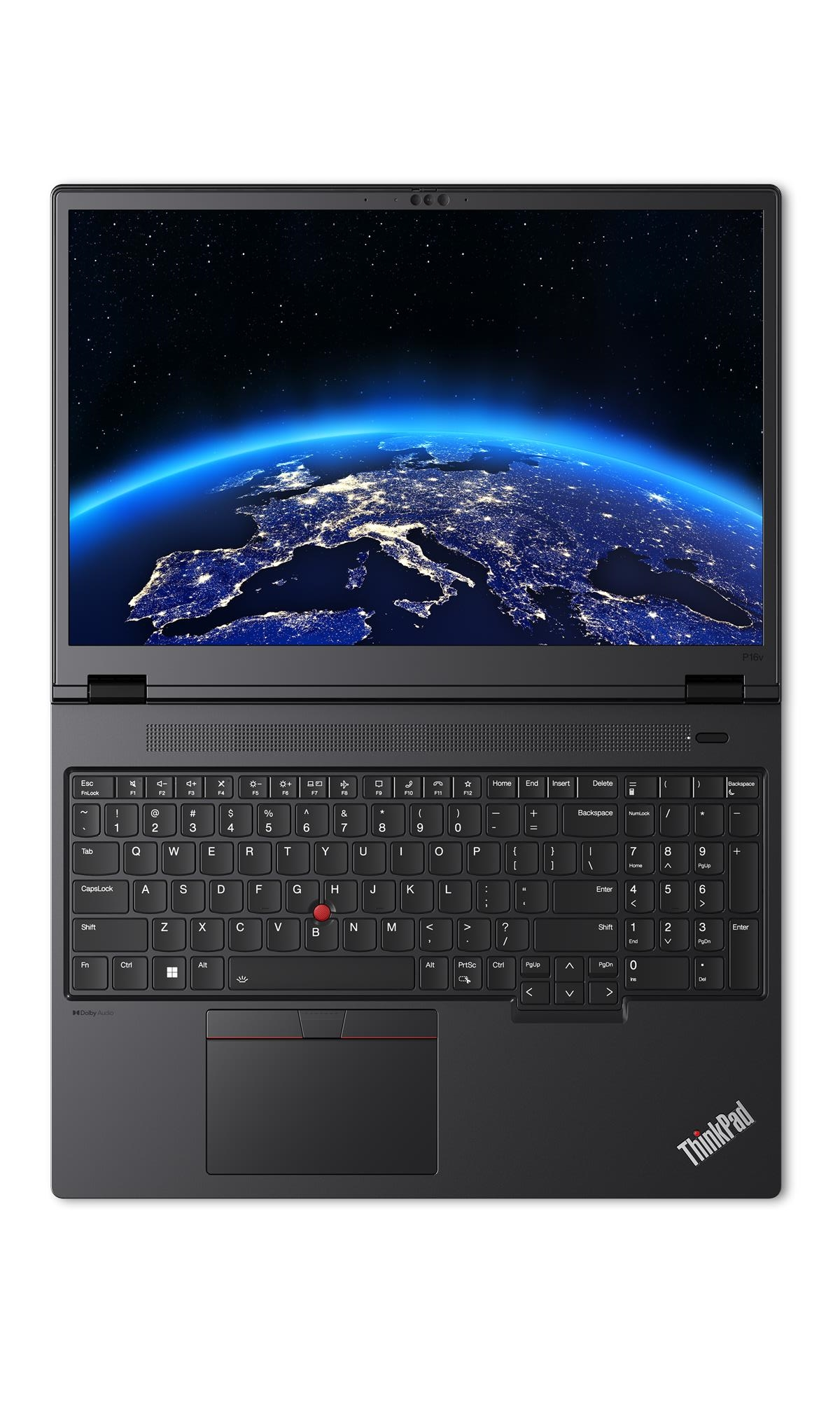 Un laptop nero aperto che mostra una vista notturna della Terra sul suo schermo.
