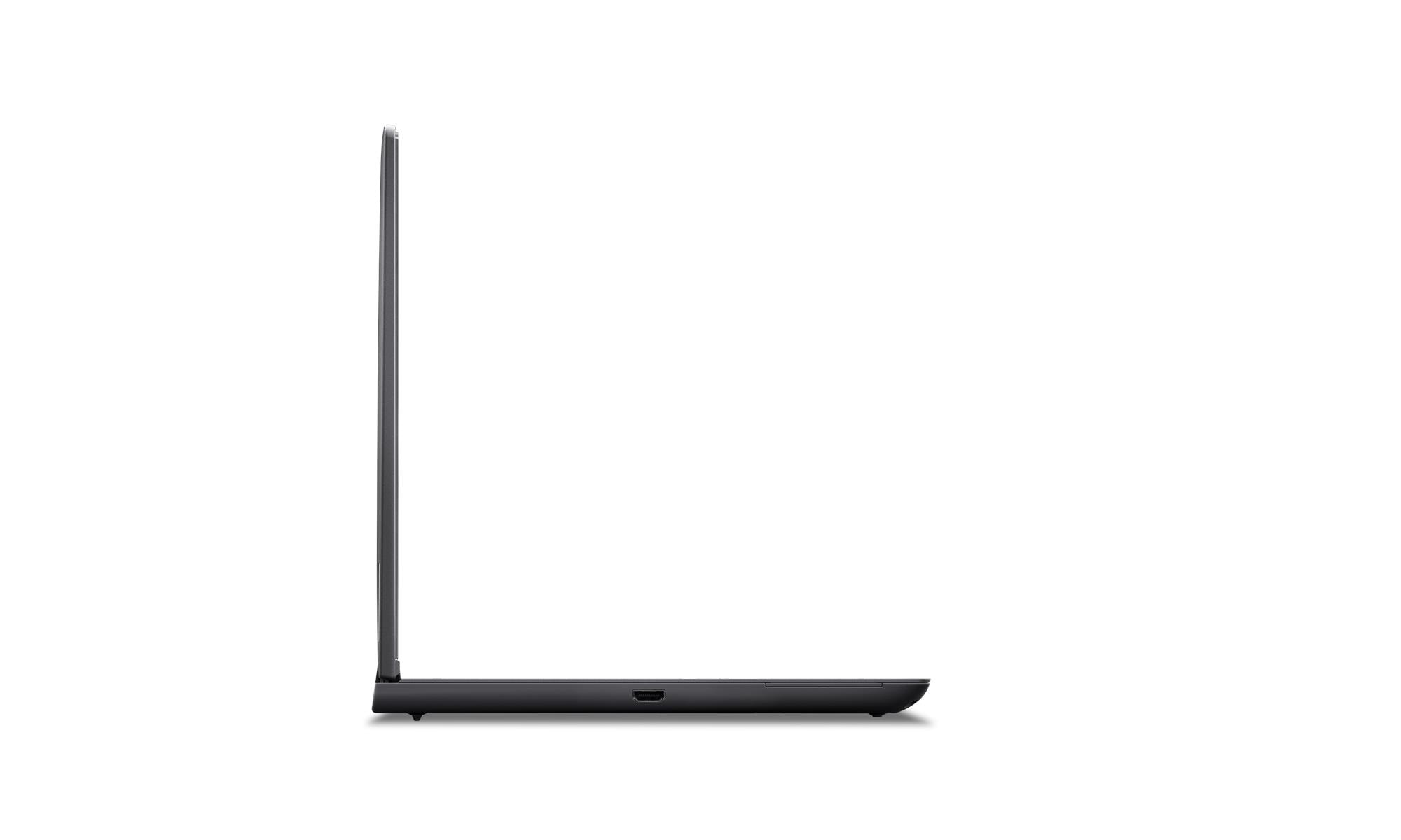Laptop nero di profilo su sfondo bianco, con una porta sul lato.