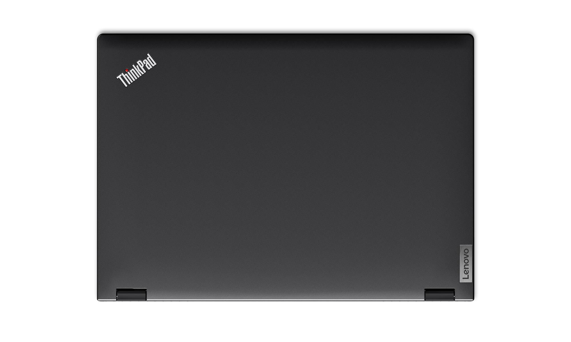 Laptop nero chiuso con loghi ThinkPad e Lenovo.