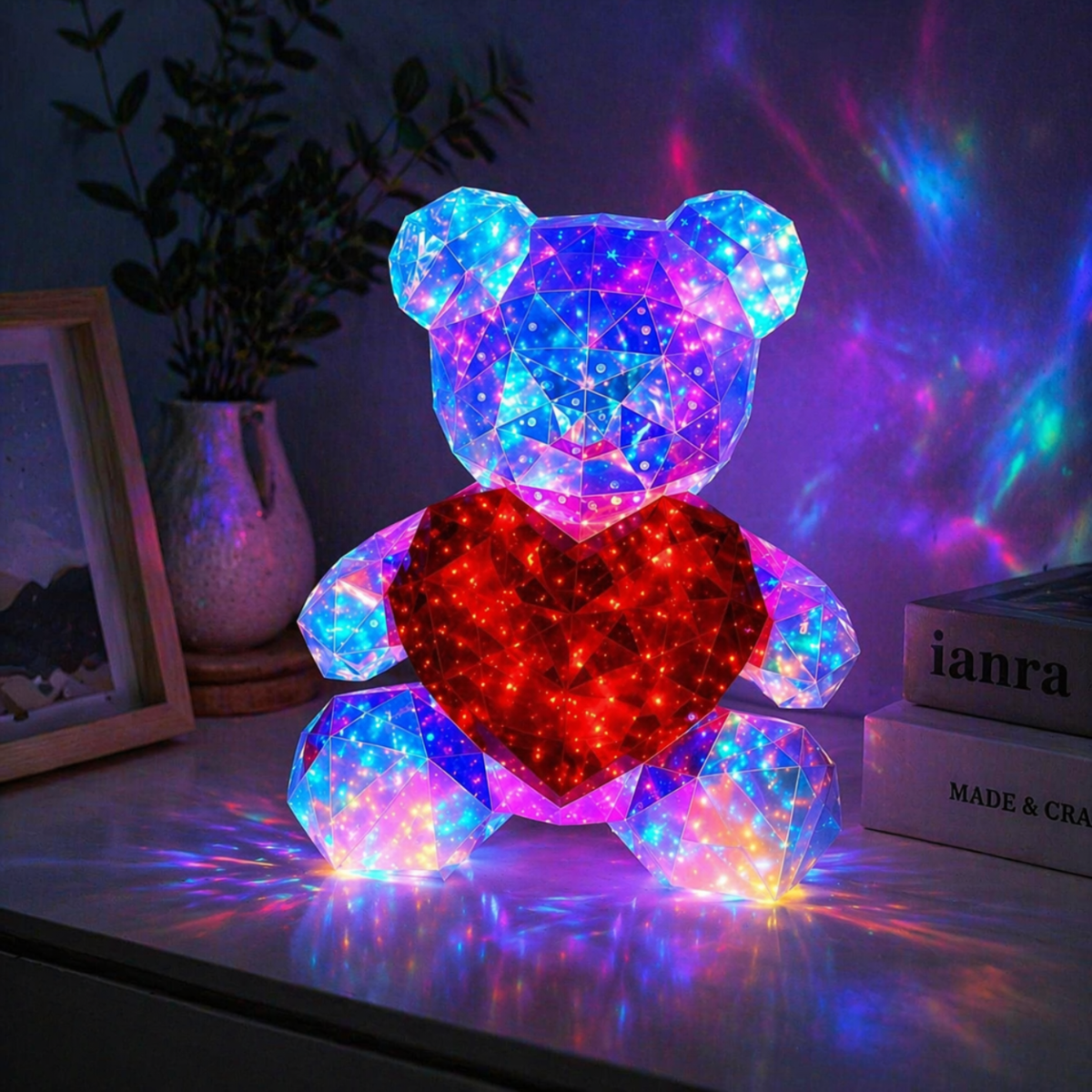 Een kleurrijke teddybeerlamp met hart projecteert lichtpatronen op de muur.