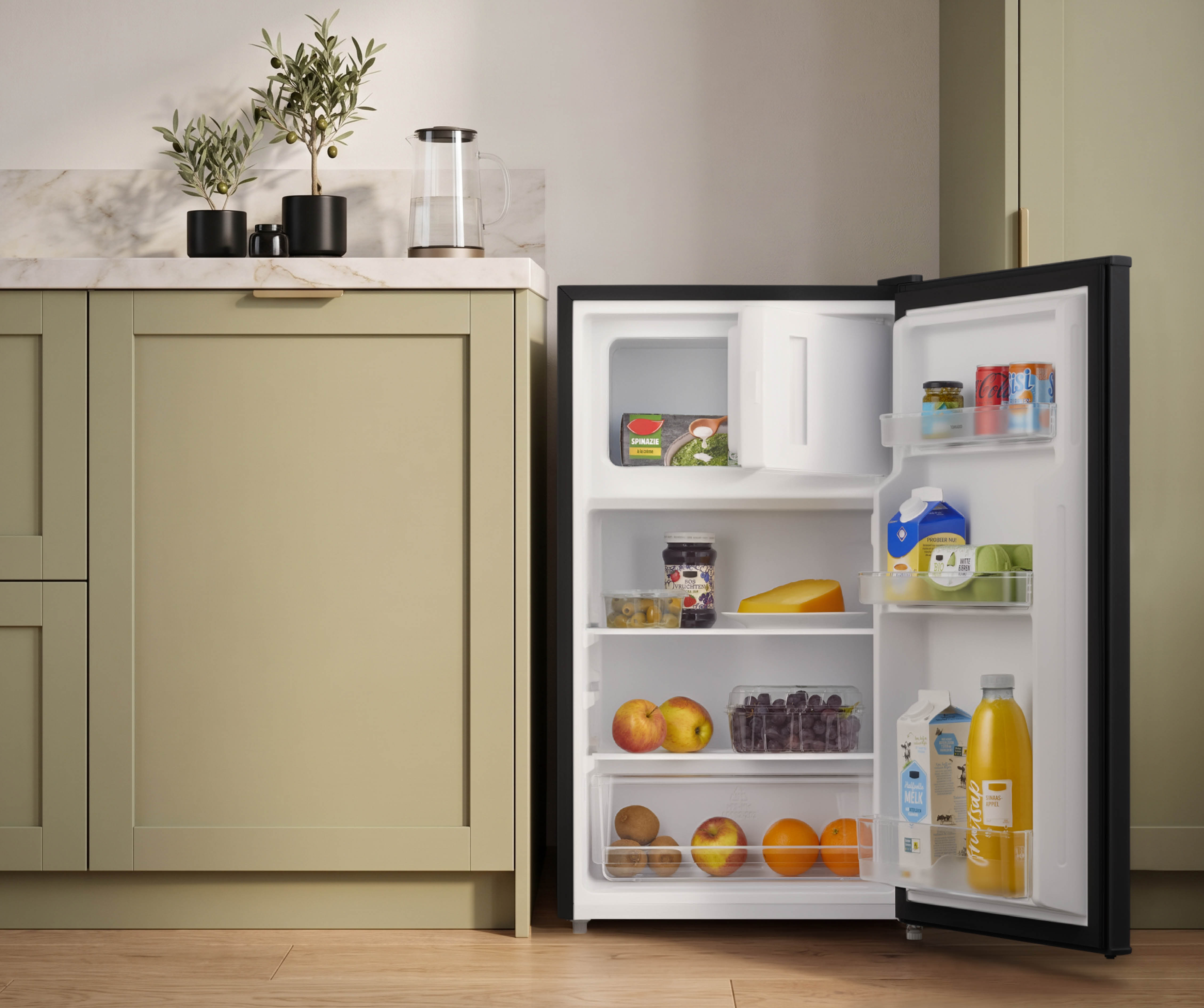 An open refrigerator with food items like fruits, vegetables, milk, and drinks.