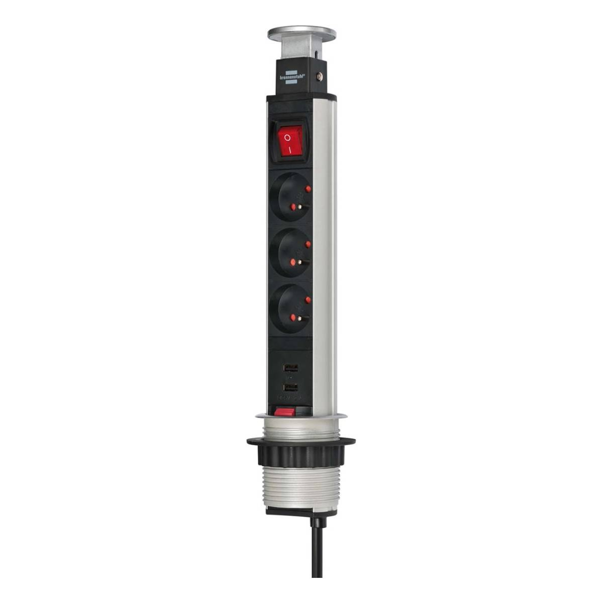 Una torretta retrattile multipresa e USB con interruttore rosso.