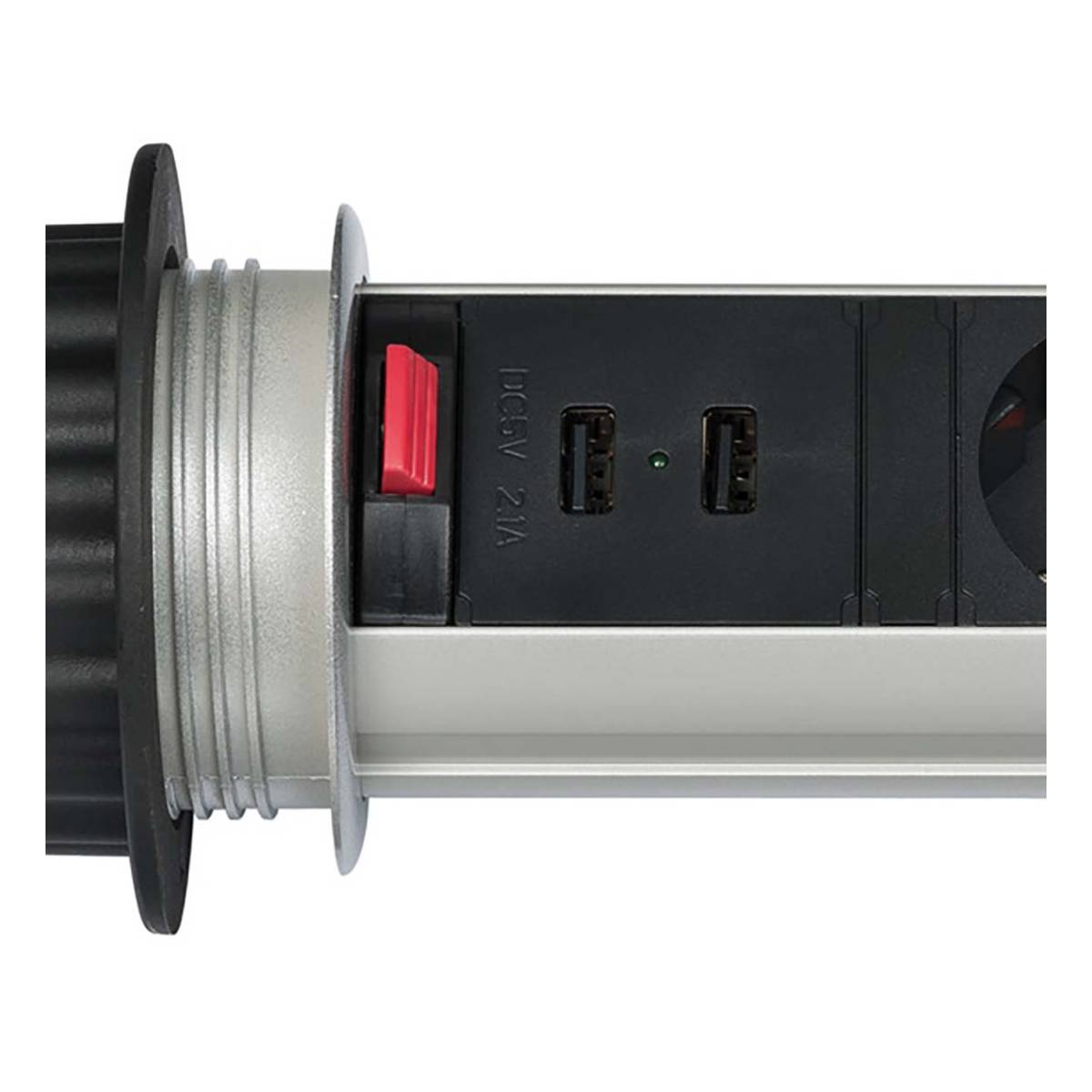 Un'unità multipresa retrattile con porte USB e un interruttore rosso.