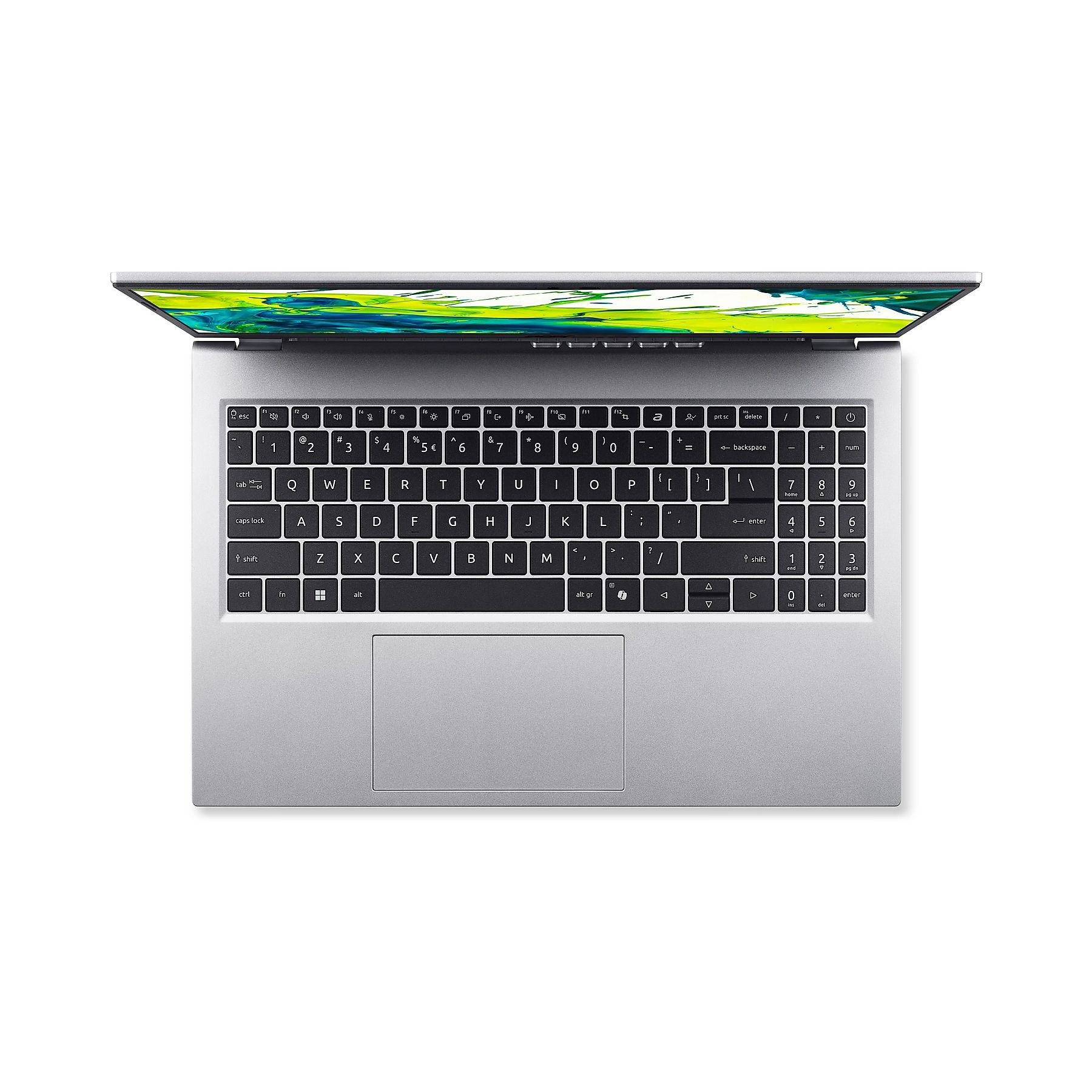 Un laptop argentato con lo schermo aperto, che mostra la tastiera.