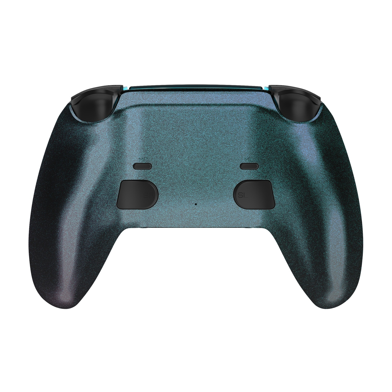 Ein glitzernder blaugrüner und schwarzer Controller, von hinten gesehen.