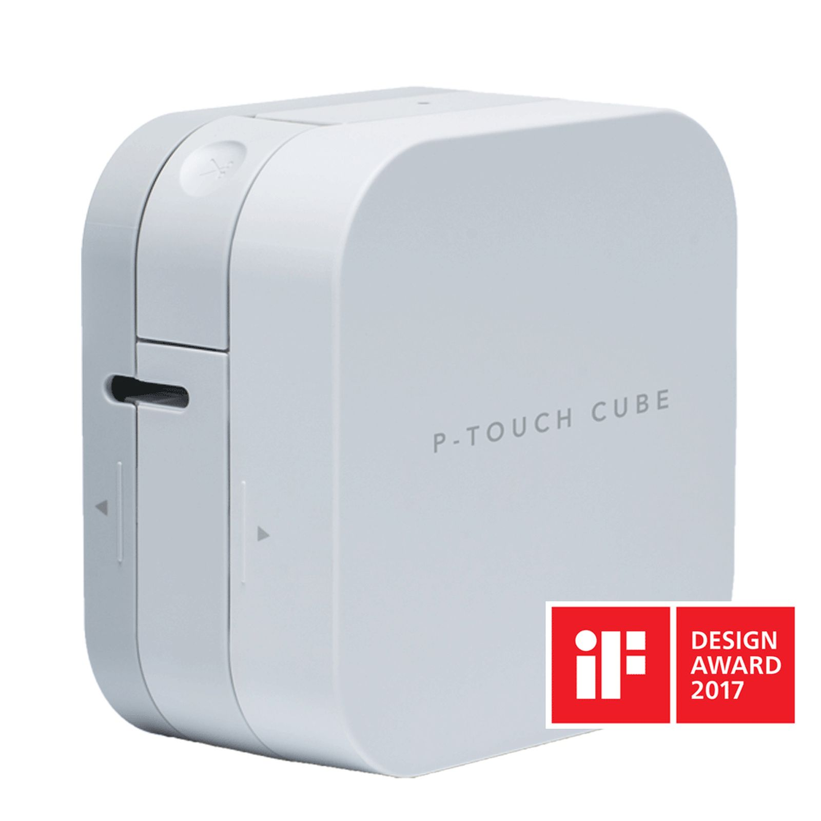 Ein weißer P-Touch Cube Drucker mit if Design Award 2017 Logo.