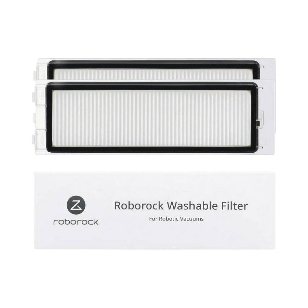 Zwei weiße Roborock waschbare Filter mit schwarzen Rändern auf weißem Hintergrund.