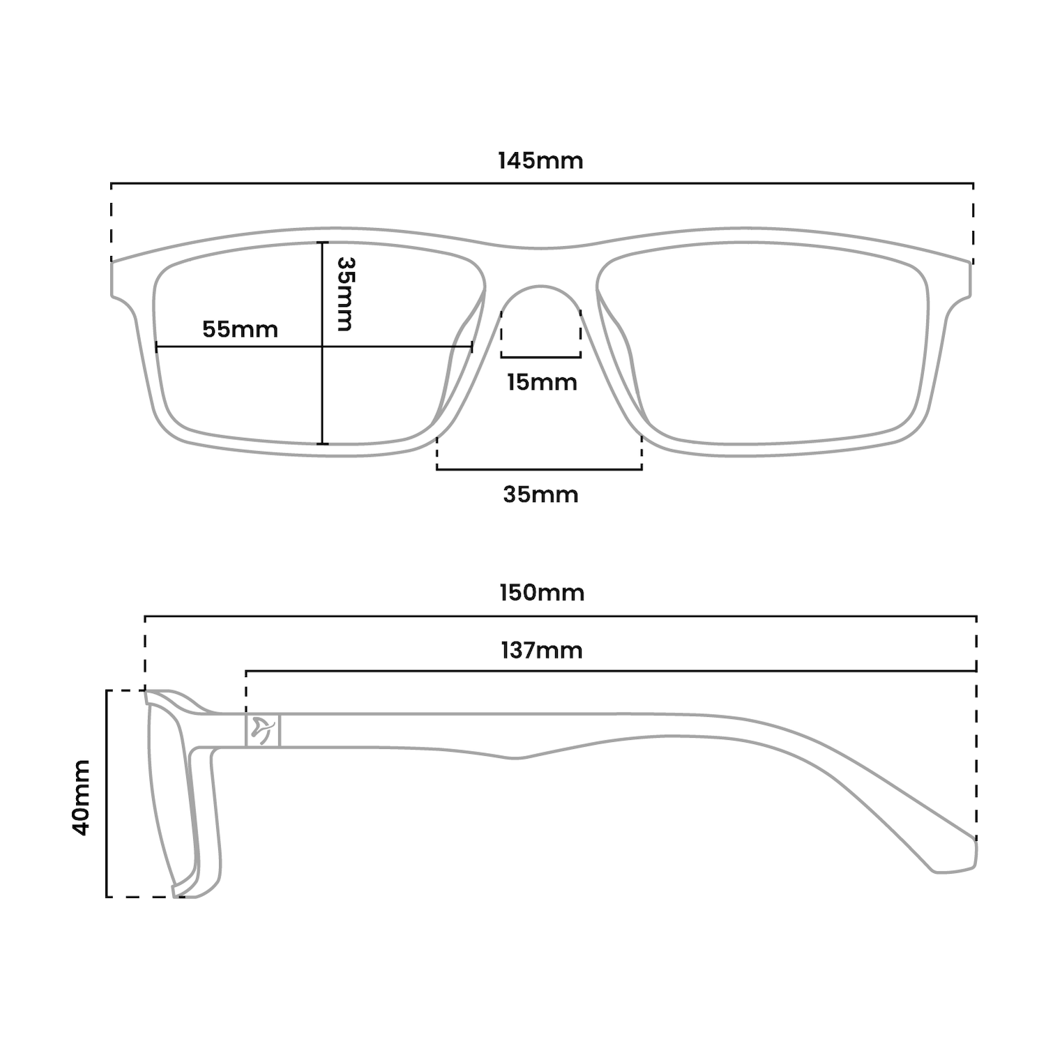 Strichzeichnung einer Brille mit Maßen. Draufsicht zeigt 145mm Breite, 55mm Linse, 35mm Höhe, 15mm Steg.