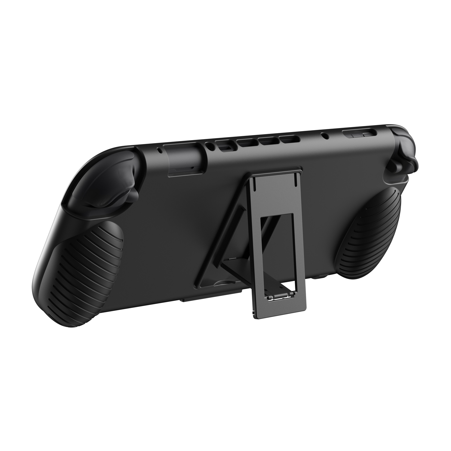 Custodia nera per console da gioco con cavalletto. Impugnature a coste alle estremità.