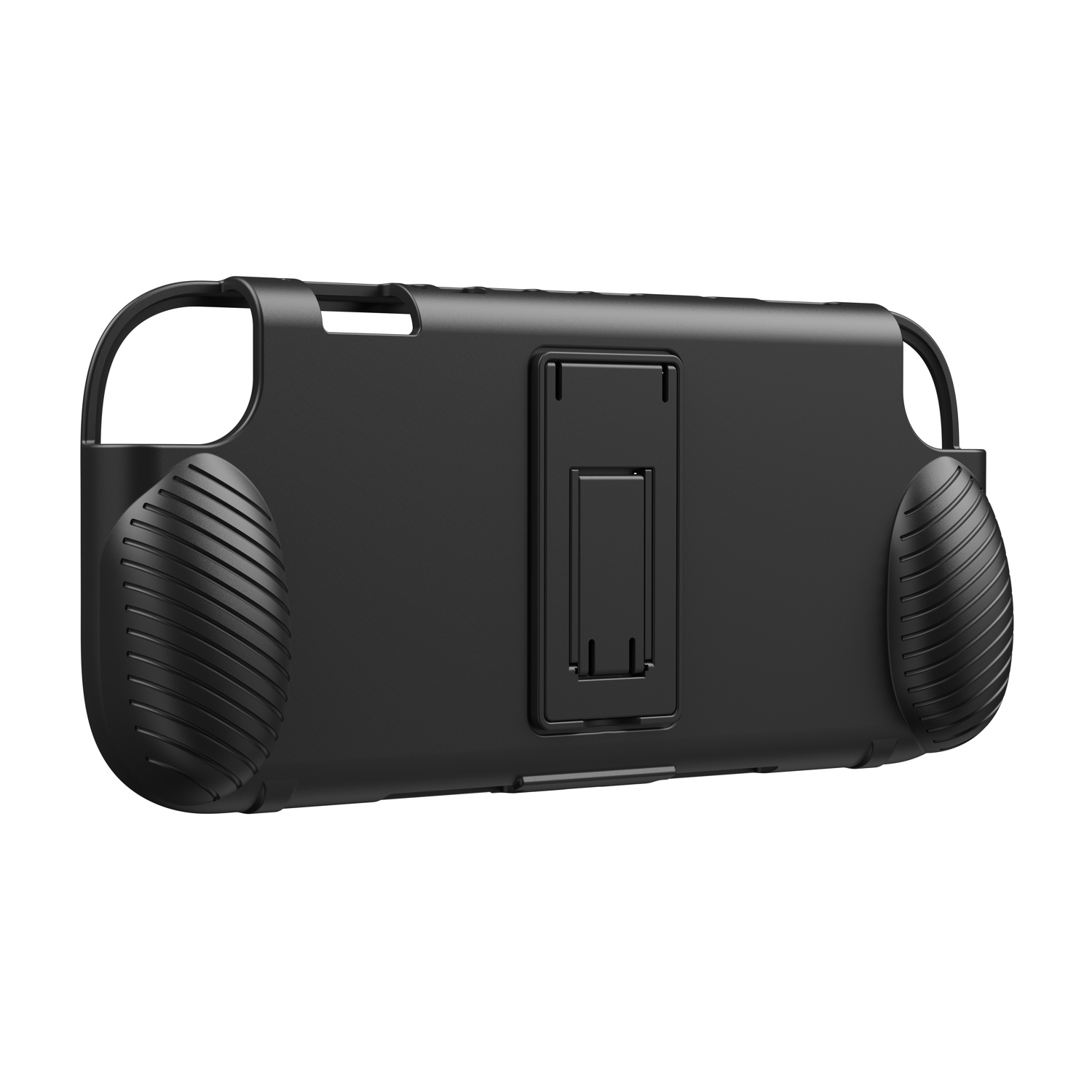 Custodia nera per dispositivo portatile con impugnature e supporto integrato.