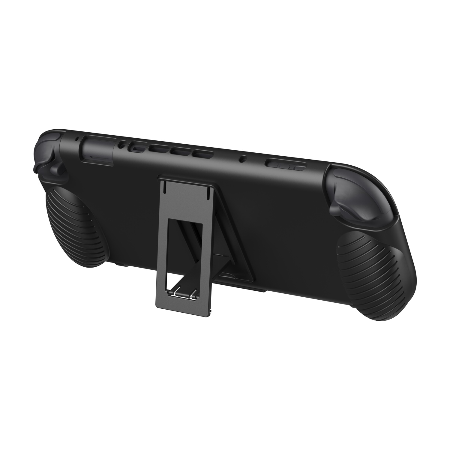 Custodia nera per controller da gioco con impugnature e cavalletto.