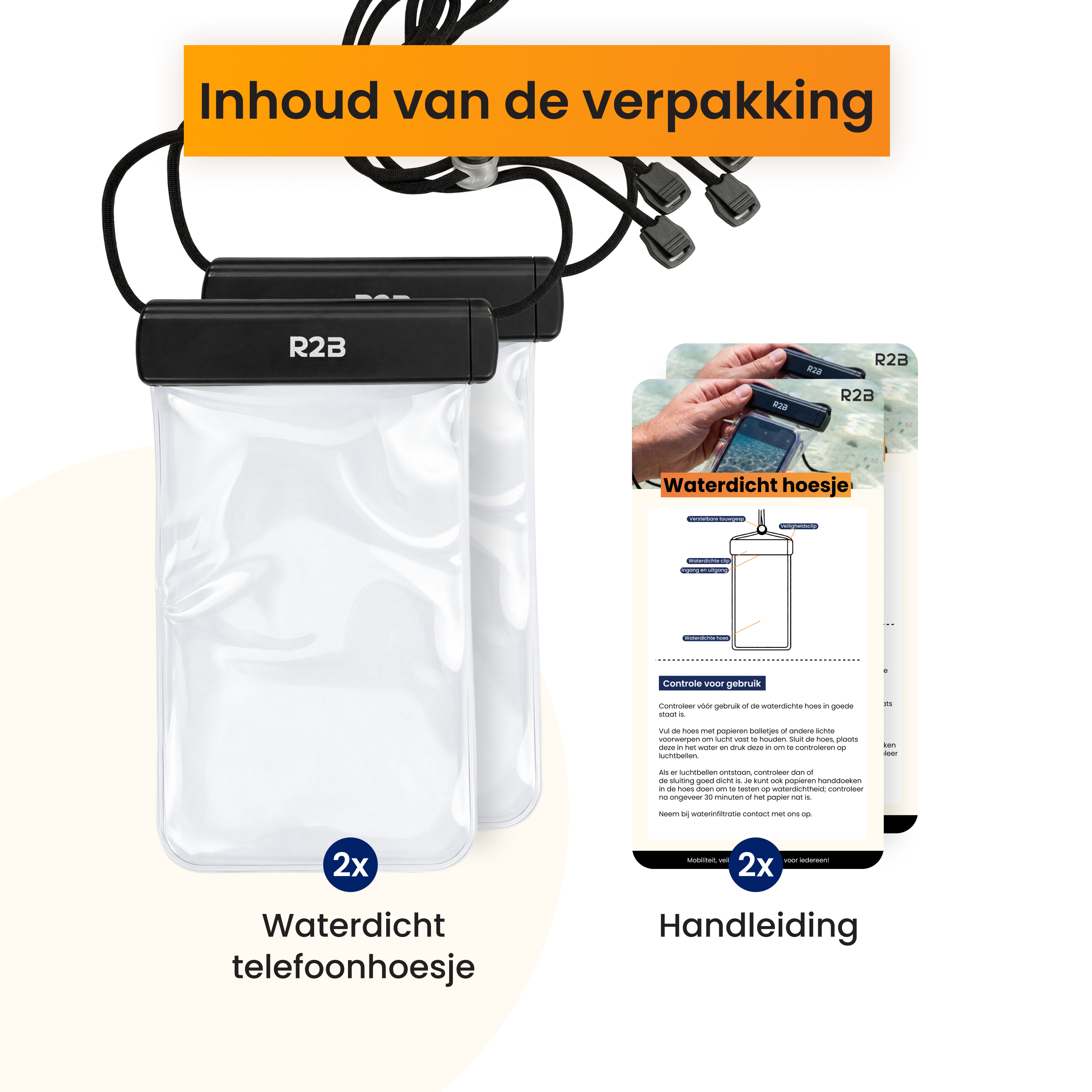 Two waterproof phone pouches with black straps and a manual.