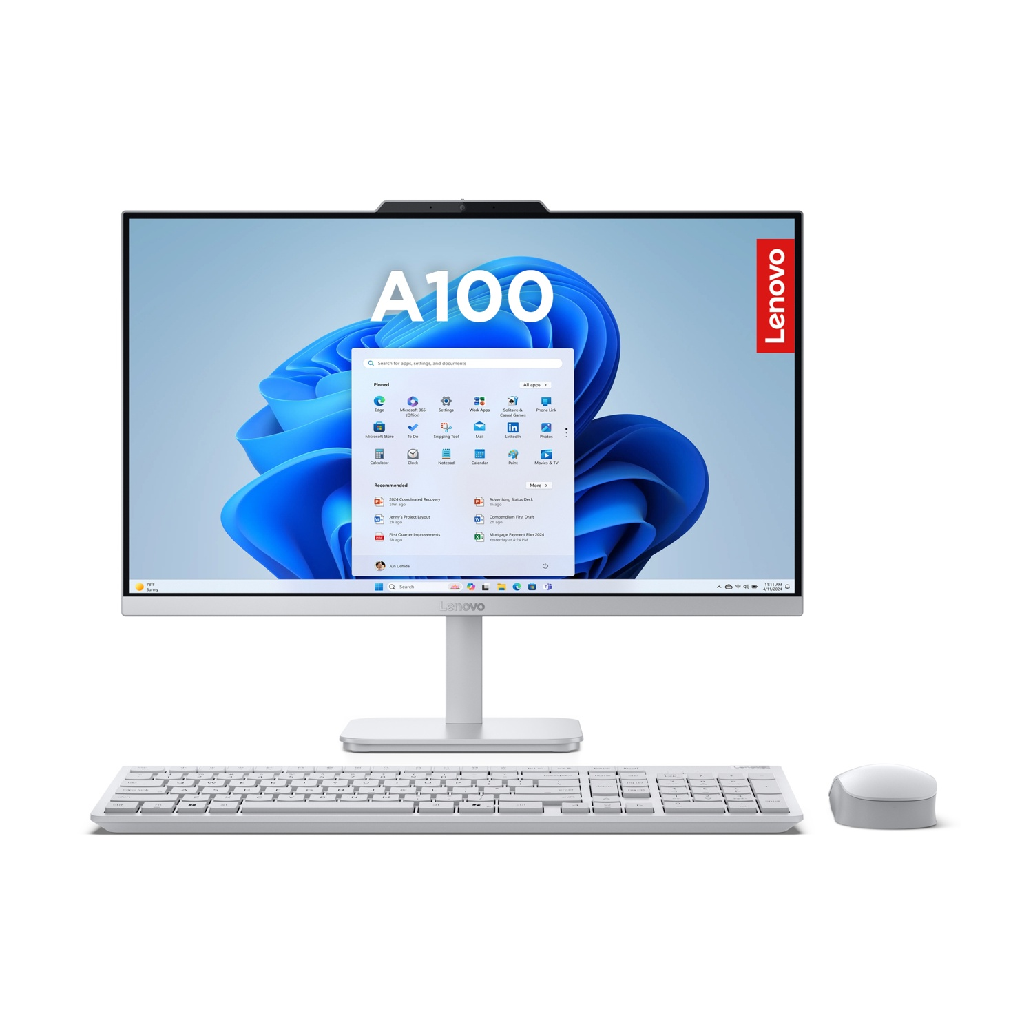 Un computer all-in-one Lenovo A100 bianco con tastiera e mouse.