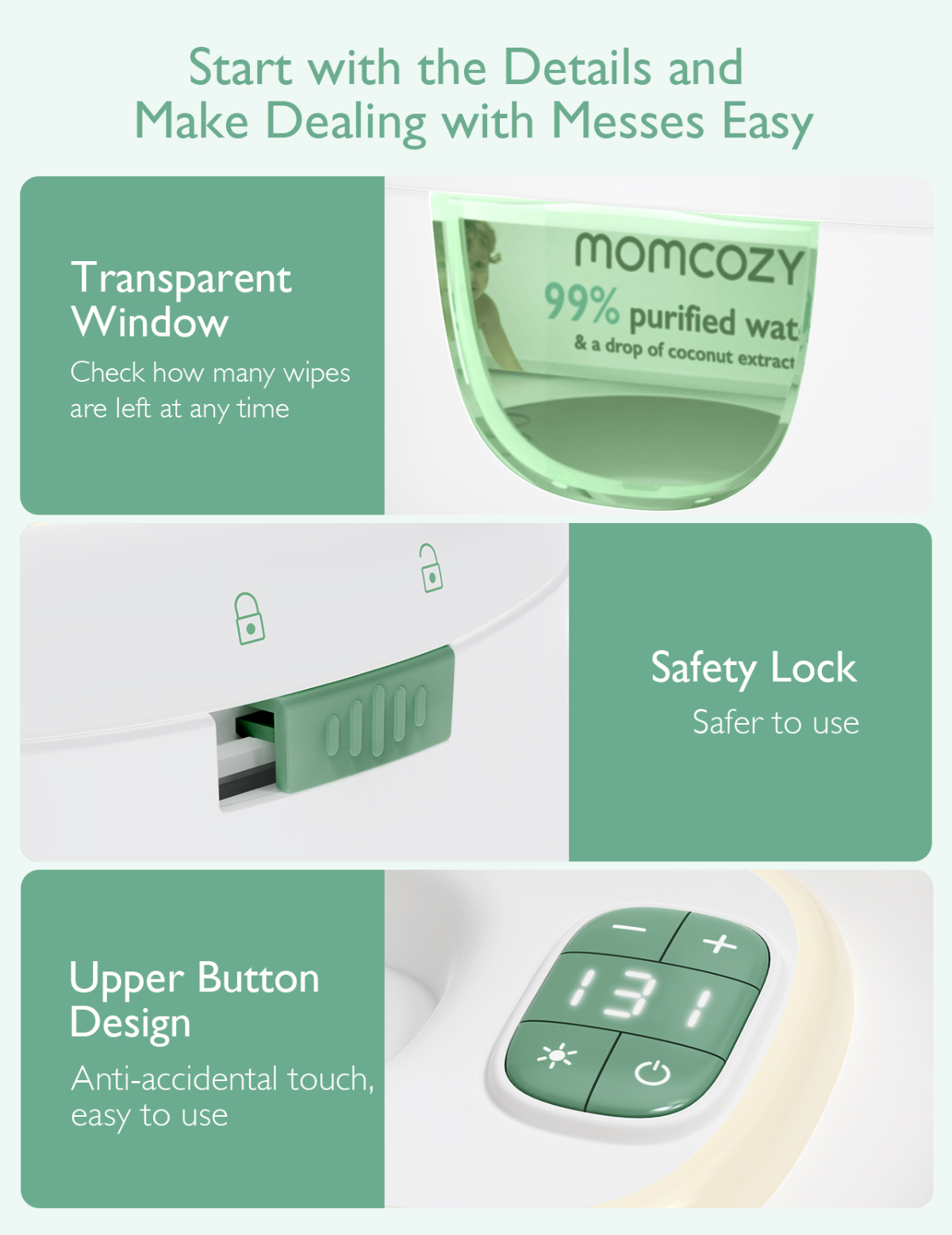 Parte superior transparente, bloqueo de seguridad, botones superiores y pantalla digital.