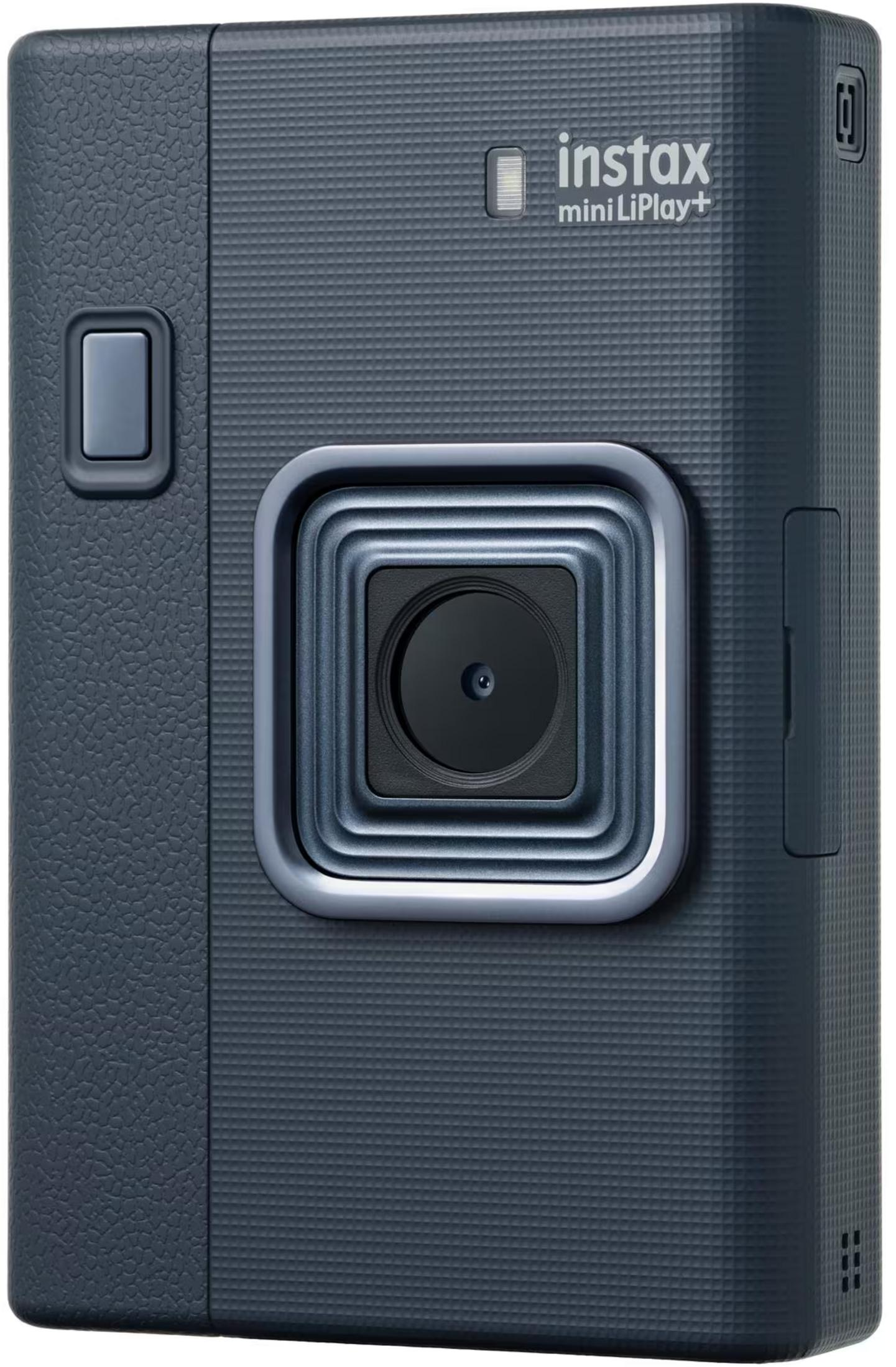 Dunkelgraue Instax Mini LiPlay+ Kamera mit Linsenrahmen und Tasten.