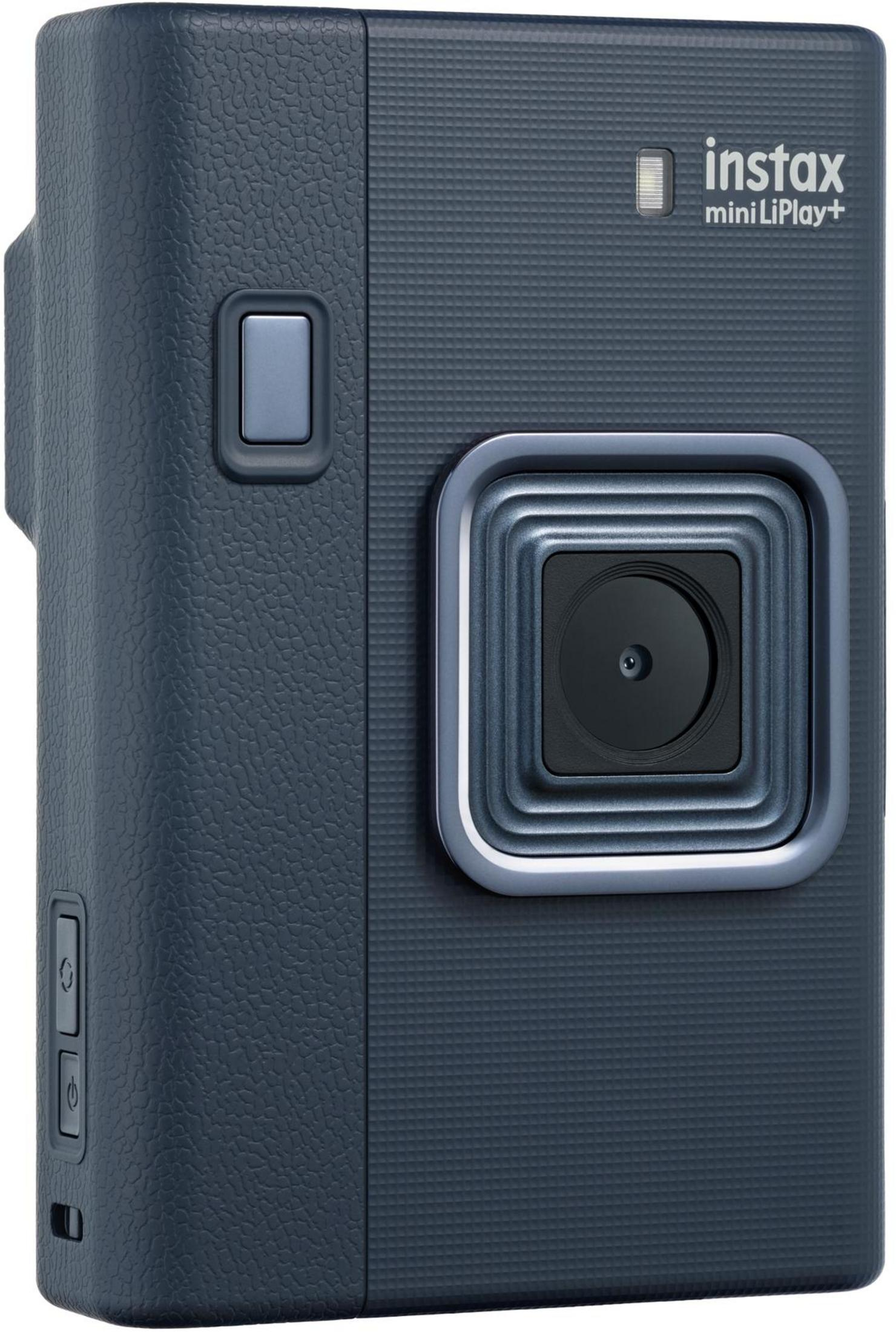 Dunkelblauer Instax Mini LiPlay+ Kamera mit Objektiv und Tasten.