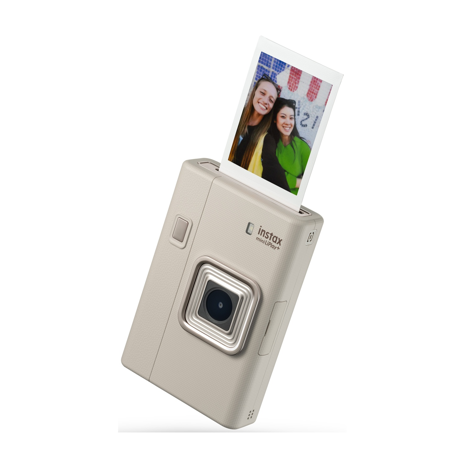 Ein beiger Instax mini LiPlay+ Drucker mit einem Foto von zwei lächelnden Frauen.