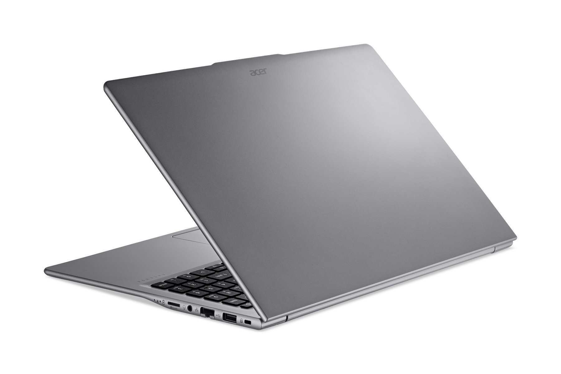 Un laptop Acer grigio argento chiuso, che mostra tastiera e porte.