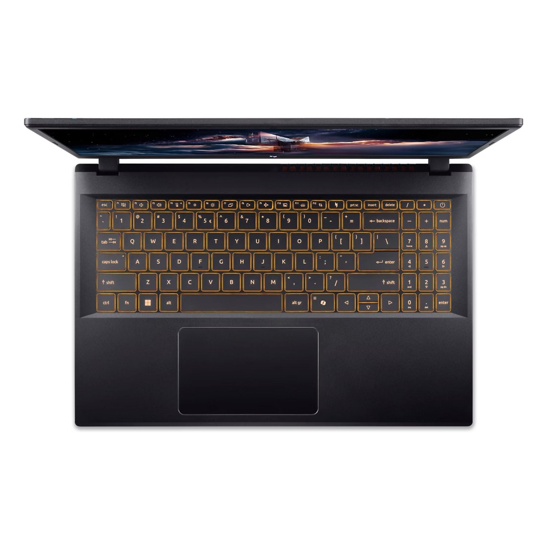 Vista dall'alto di un laptop nero con tastiera retroilluminata. Lo schermo mostra una scena spaziale.