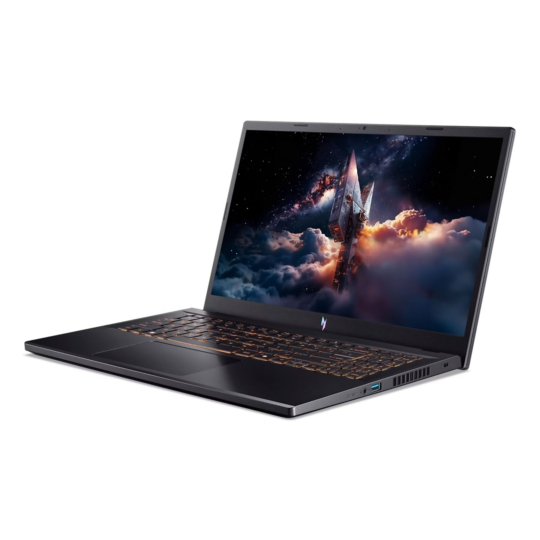 Un laptop nero mostra un razzo che sale tra le nuvole in un cielo stellato.