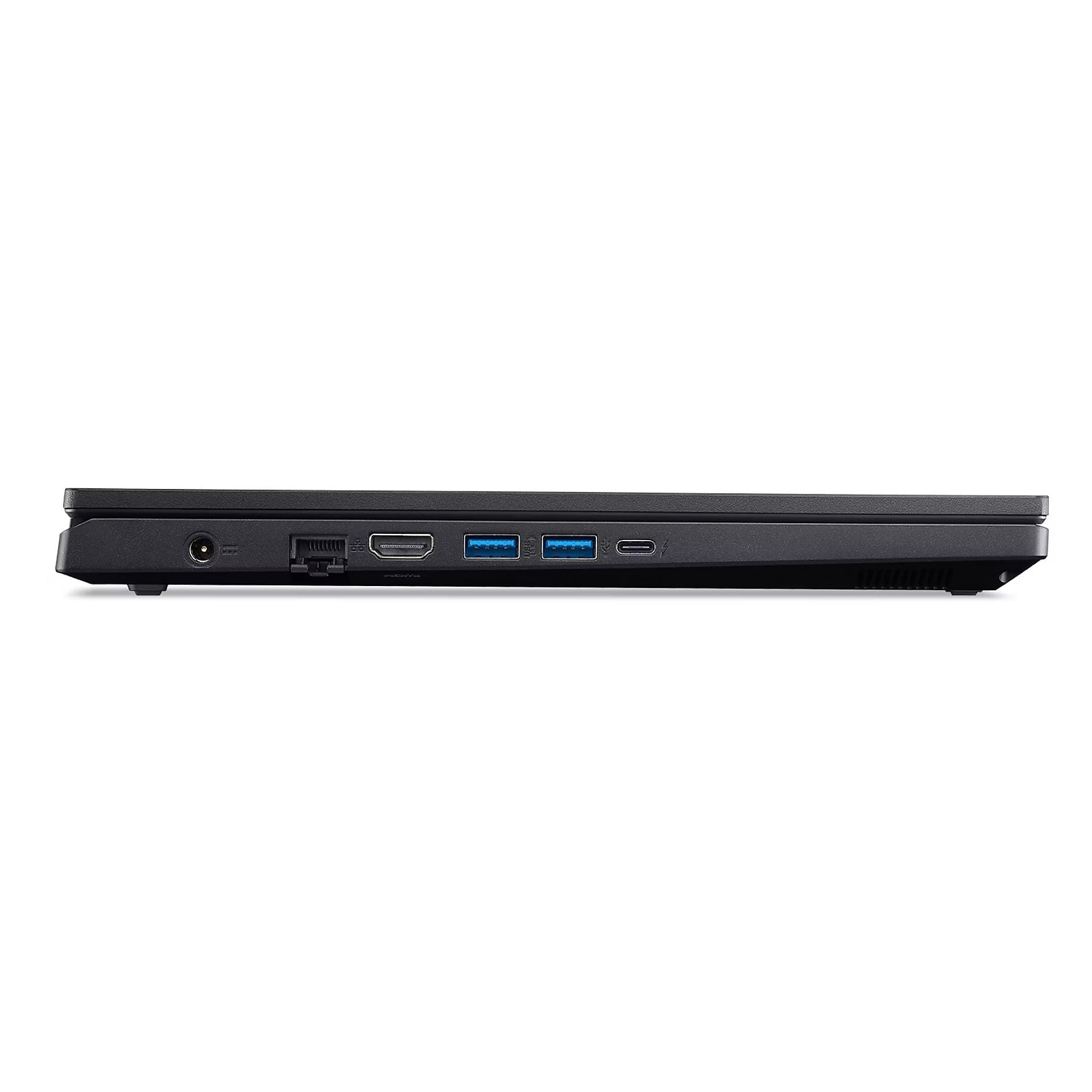 Vista laterale di un laptop nero con porte: alimentazione, HDMI, USB-A, USB-C.