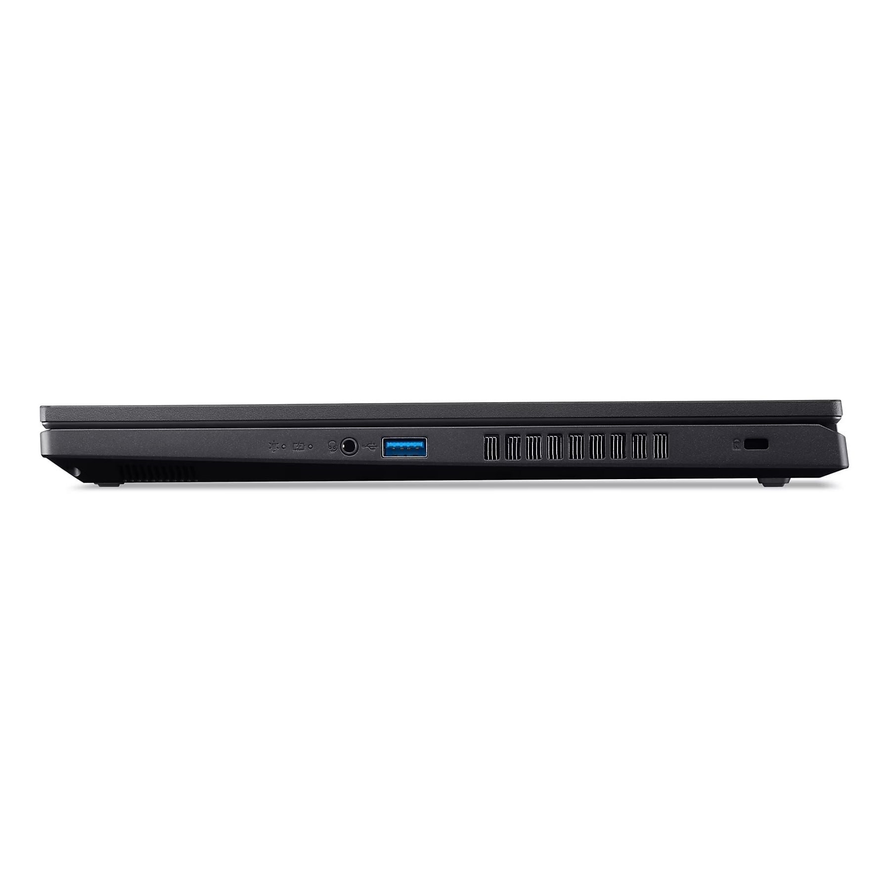 Lato laptop nero con porte: USB, audio e griglie di ventilazione.