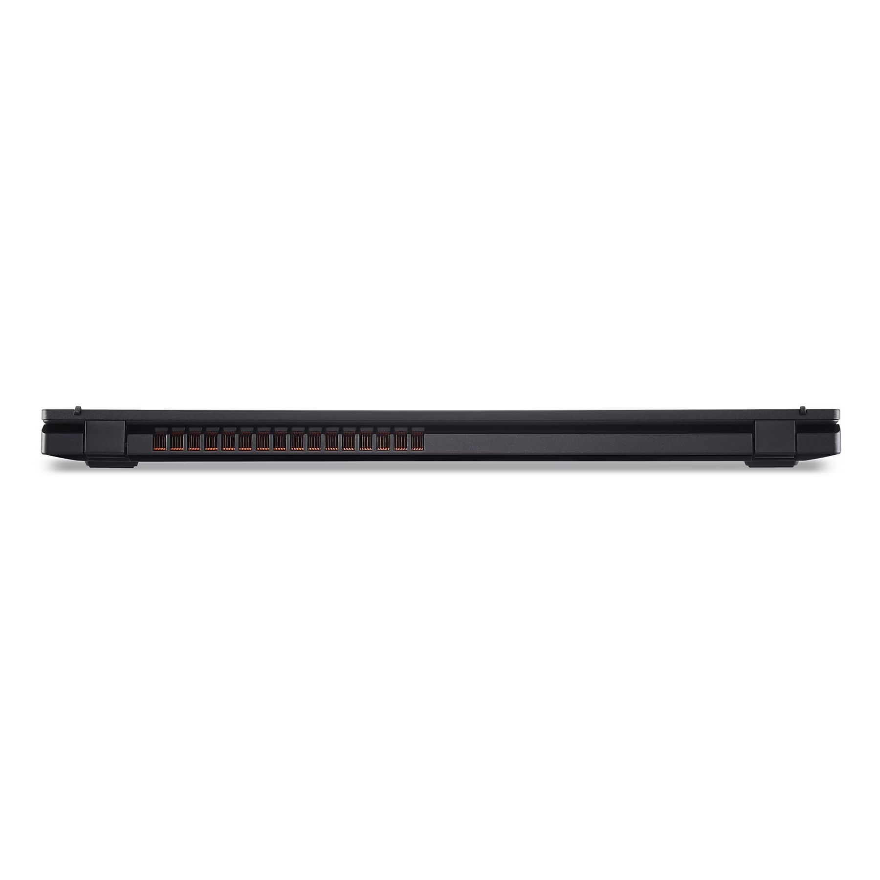 Laptop nero, vista laterale, feritoie di ventilazione visibili.