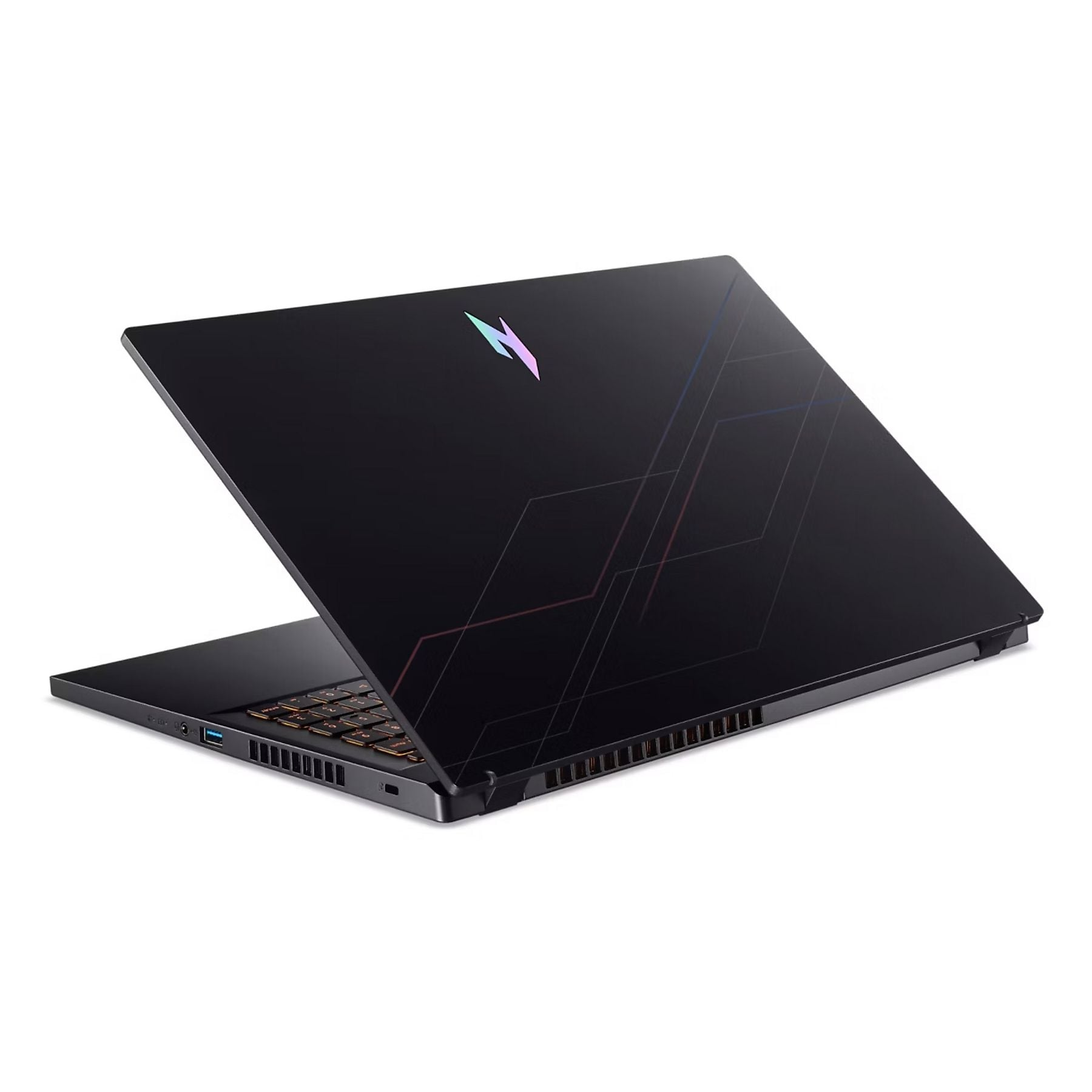 Laptop nero con tastiera e logo illuminati.