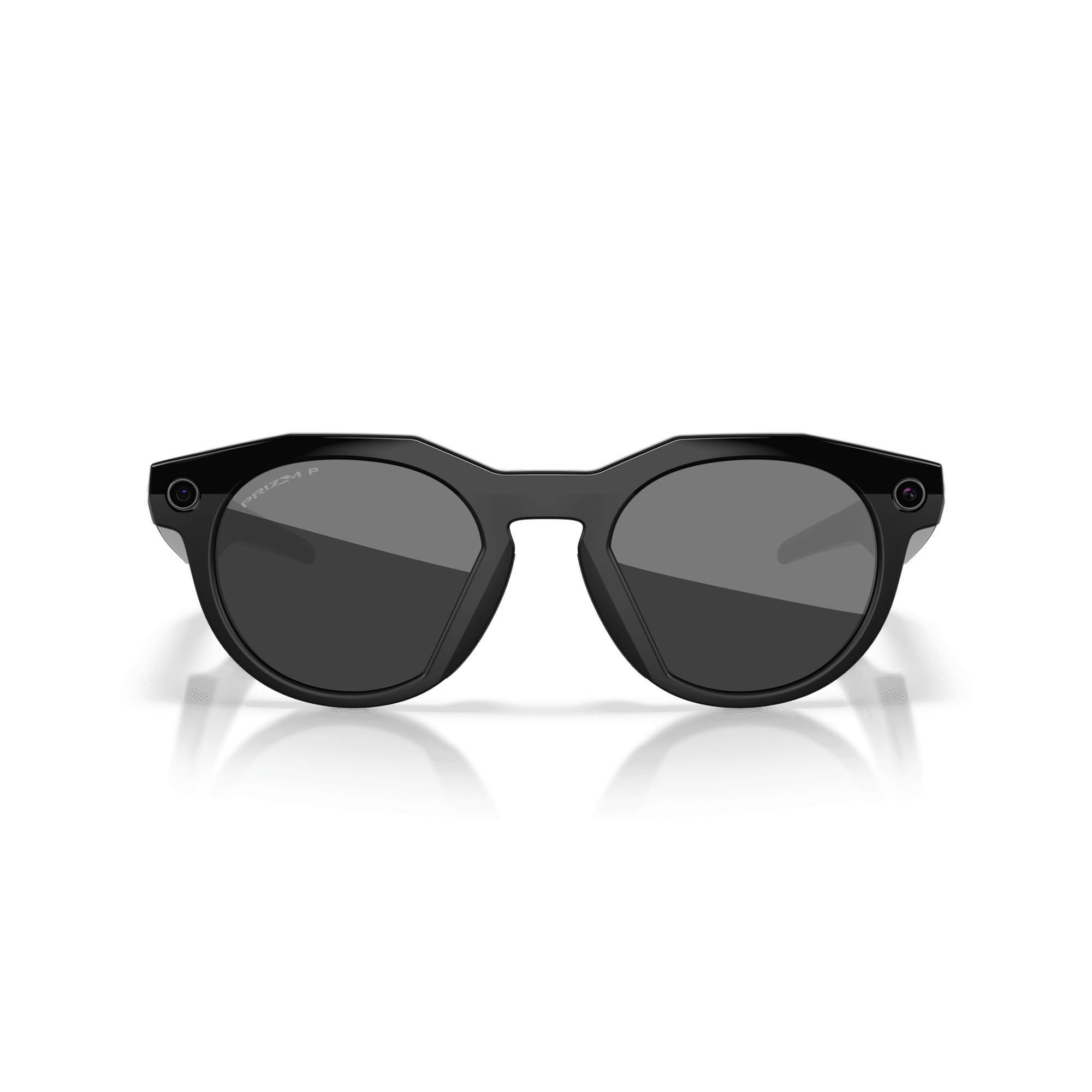 Schwarze Sonnenbrille mit runden, dunklen Gläsern und einem breiten Rahmen.