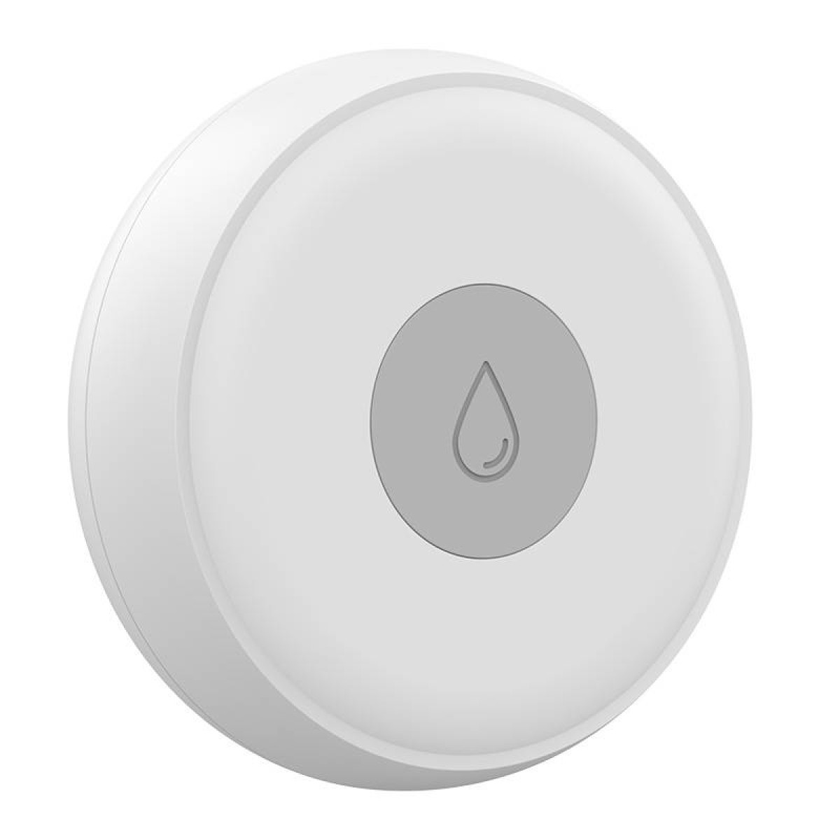 Ein weißer, runder Sensor mit einem grauen Kreis und einem Wassertropfensymbol.