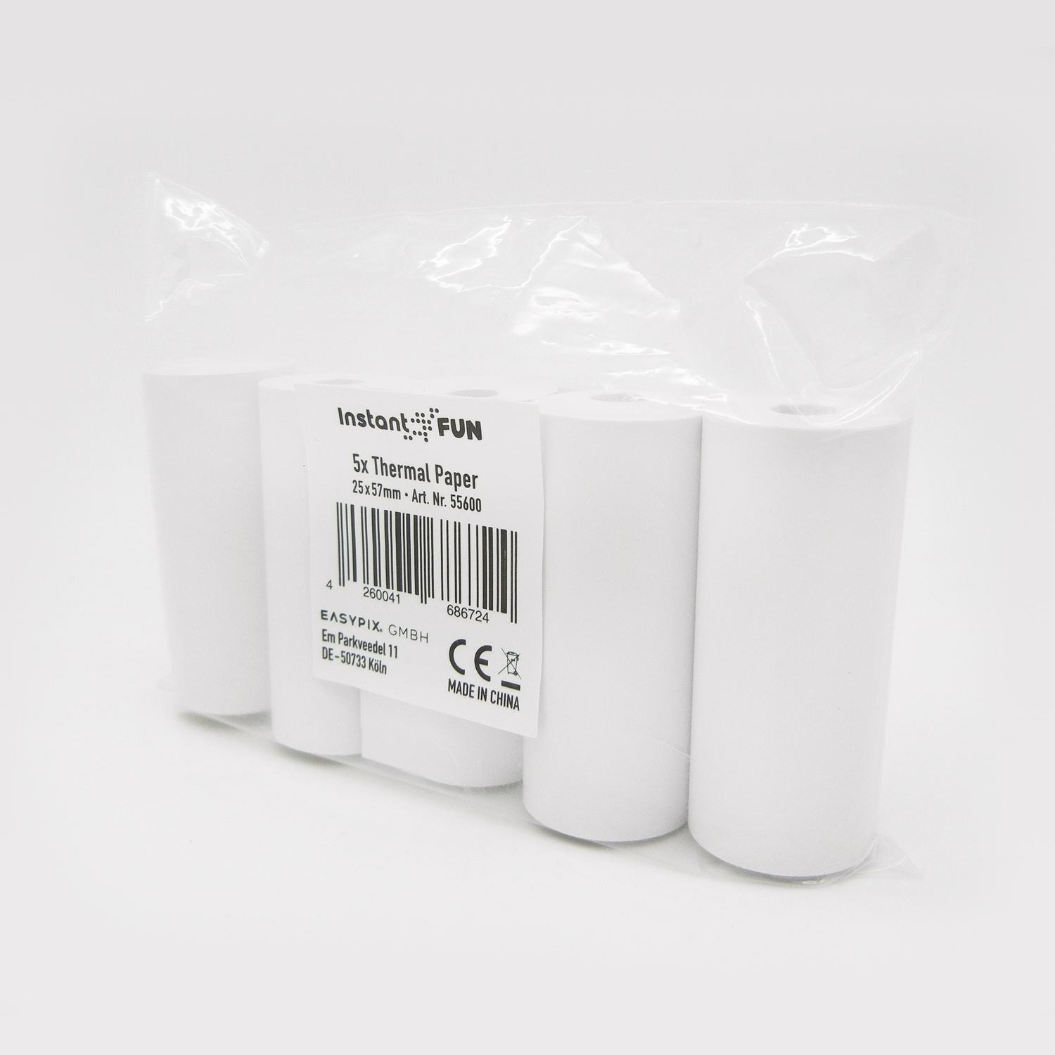 Cinque rotoli di carta termica bianca, 25x57mm, in confezione di plastica trasparente, con etichetta dettagli prodotto.