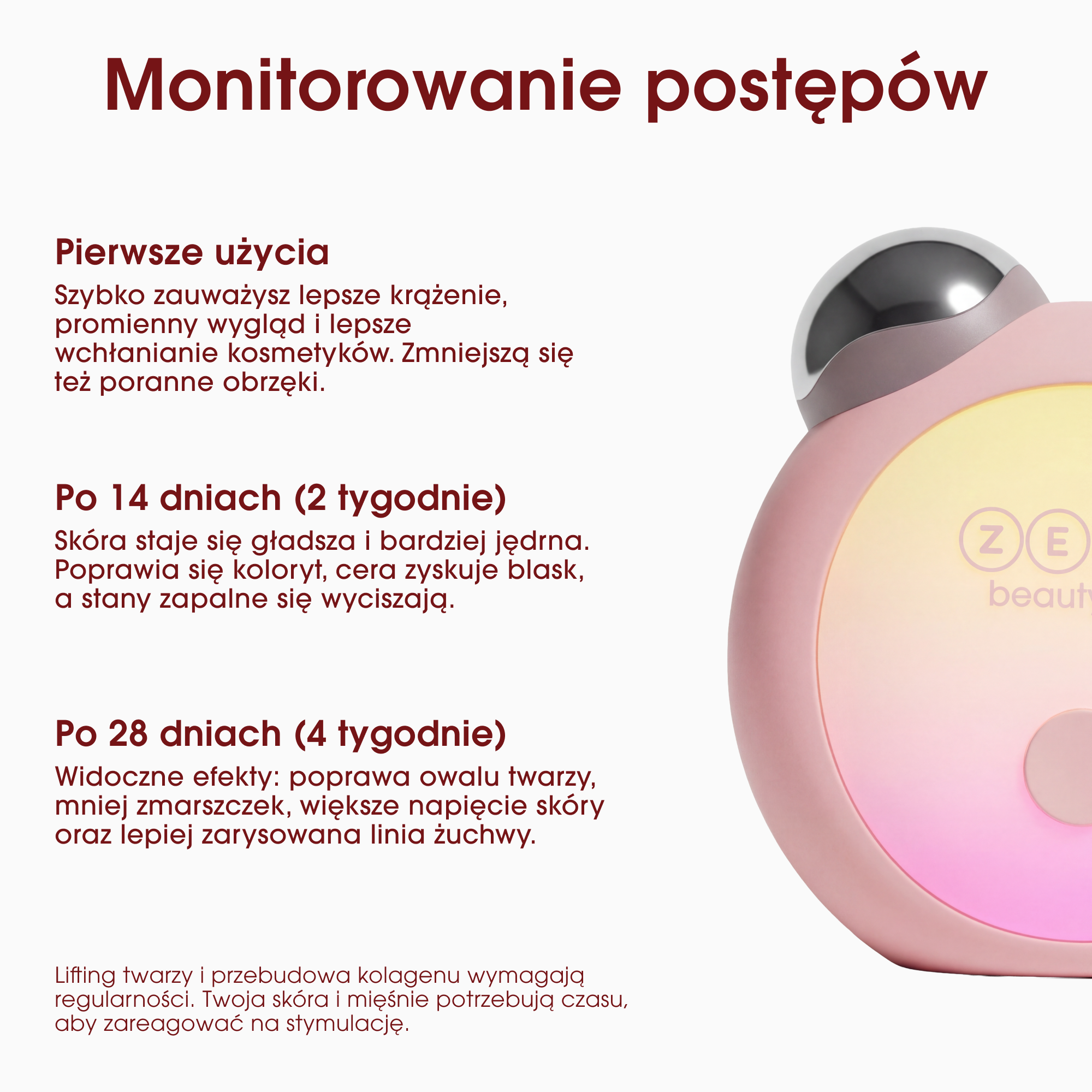 Różowe urządzenie kosmetyczne ze srebrnym elementem i świecącą powierzchnią.