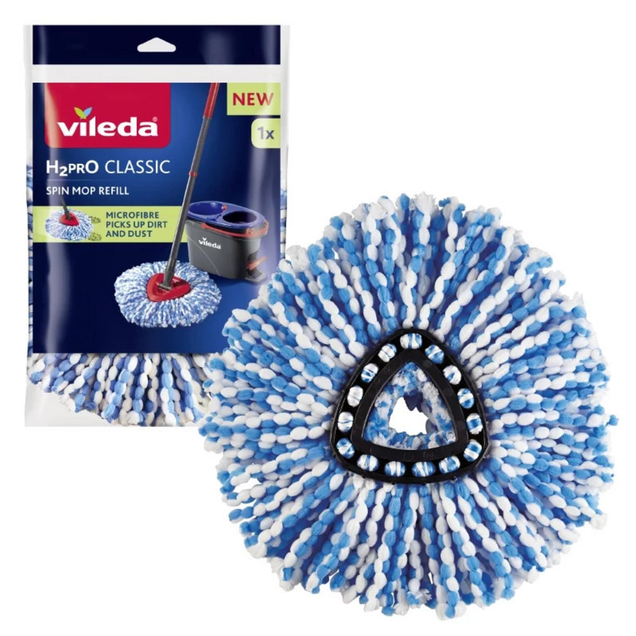 Ricambio mocio Vileda H2PRO CLASSIC con filamenti in microfibra blu e bianchi.