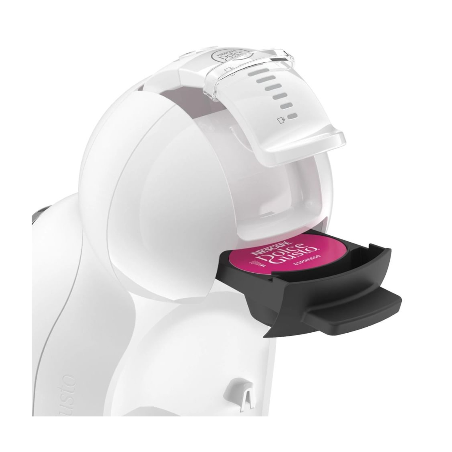 Weiße Kaffeemaschine mit pinker Kapsel, Nescafe Dolce Gusto.