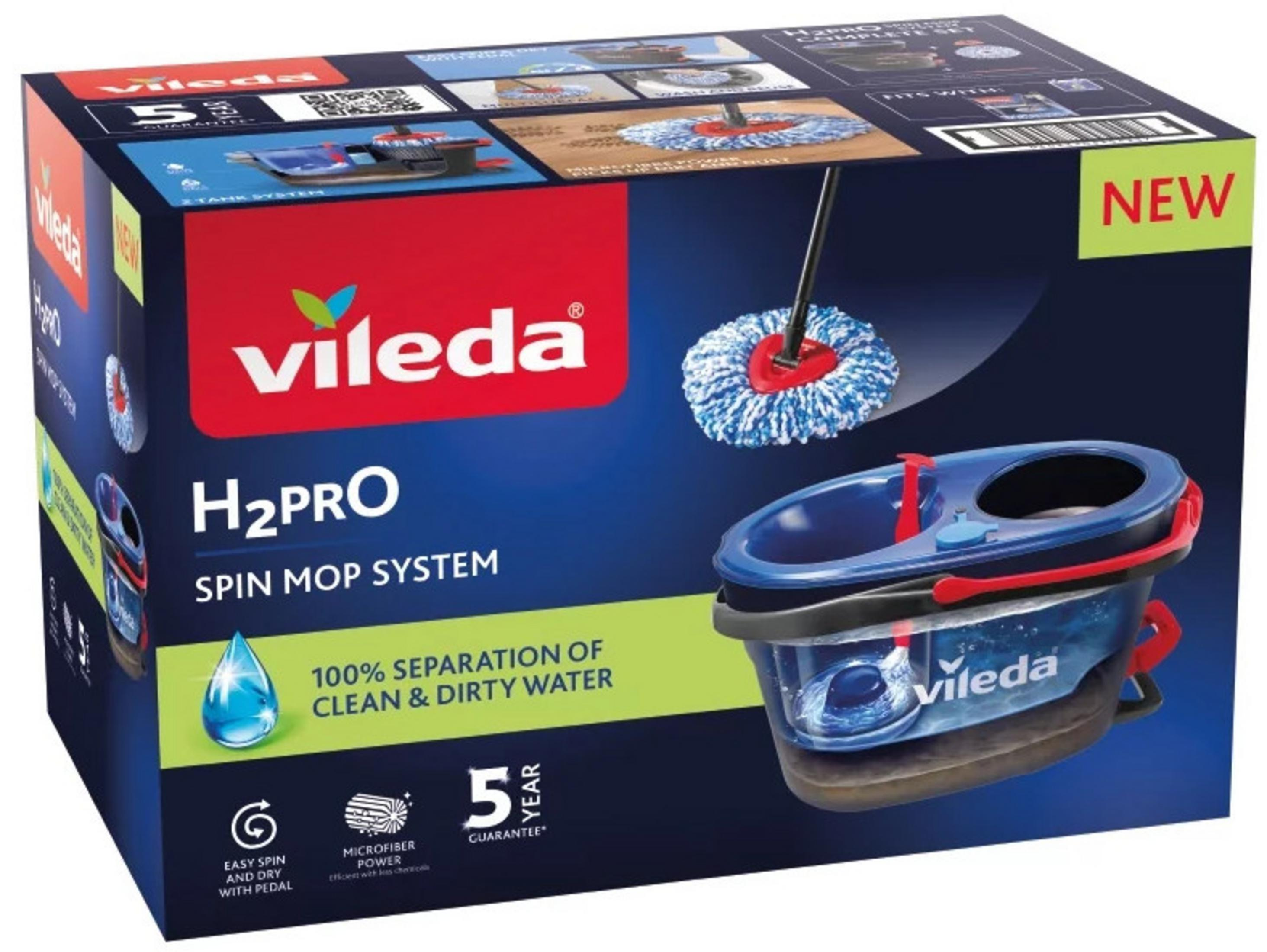 Opakowanie mopa obrotowego Vileda H2PRO z niebieskim wiadrem i mopem.